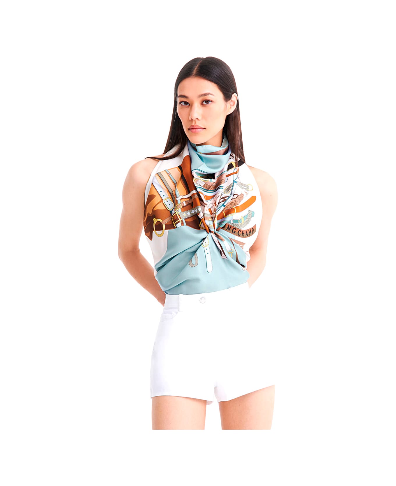 Longchamp Green Square Scarf With Graphic Print And Wraparound Style In Silk Woman - Green
