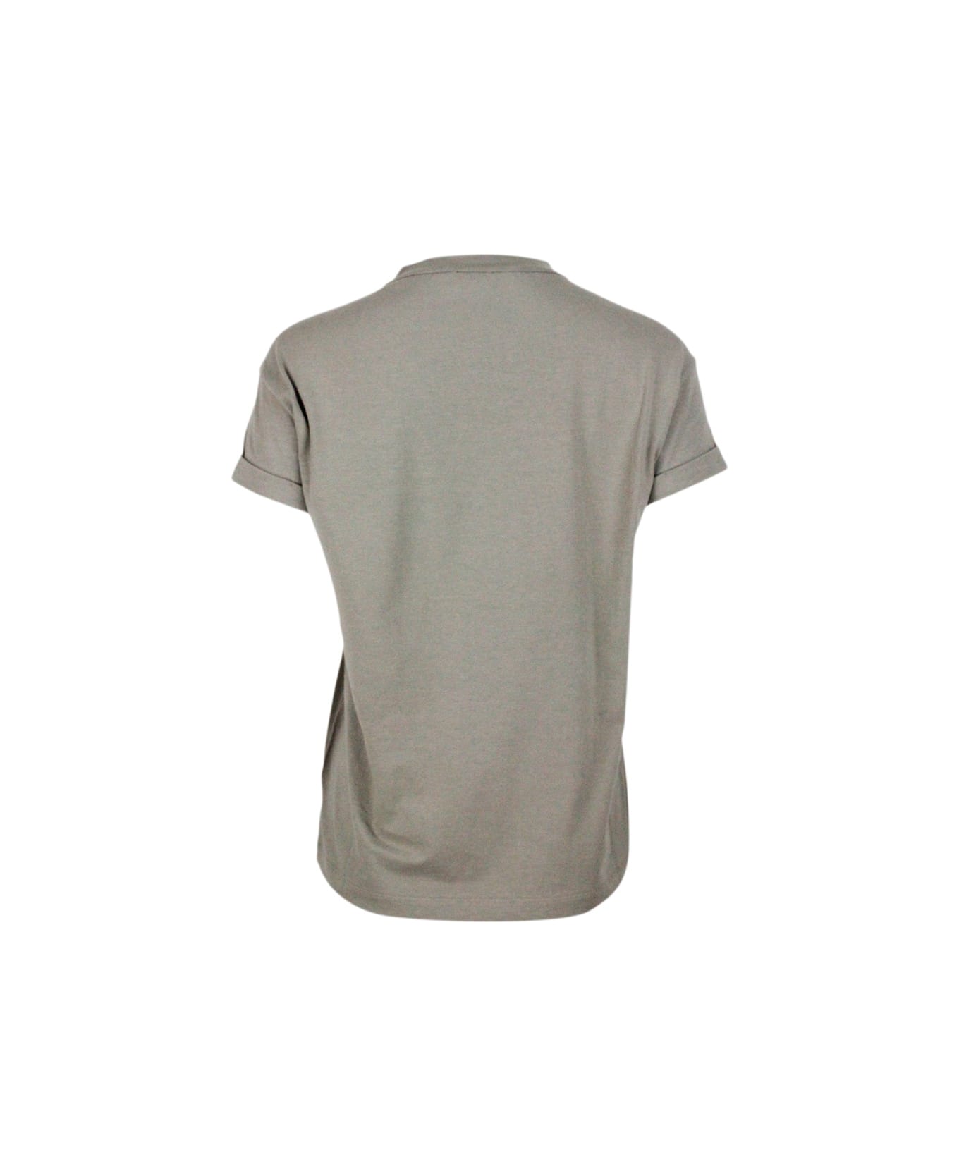 Brunello Cucinelli Short-sleeved Oversized T-shirt In Stretch Cotton With Crew Neck And Pocket With Jewel - Beige