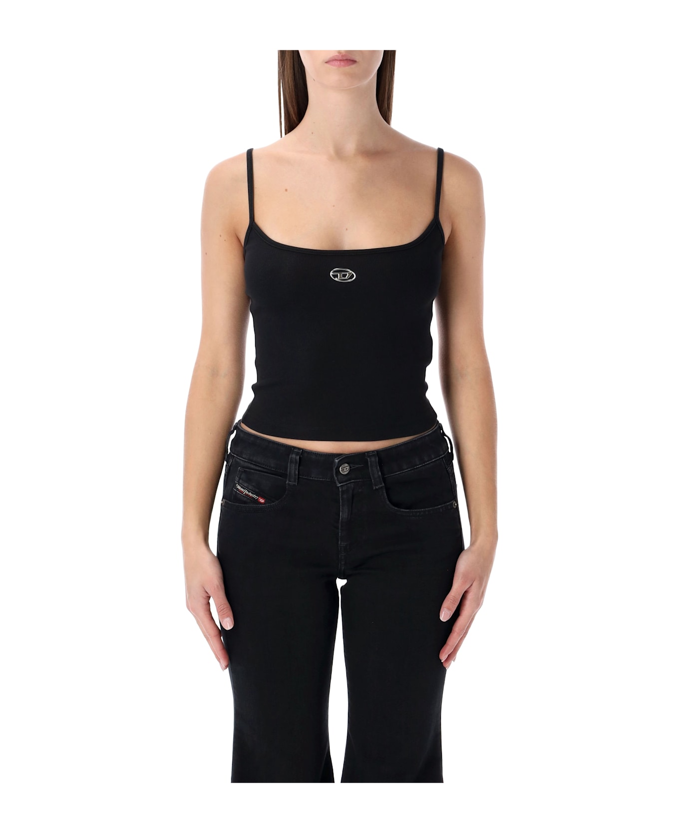 Diesel Ribbed Stretch Cotton Top With Metallic Oval D Logo - BLACK