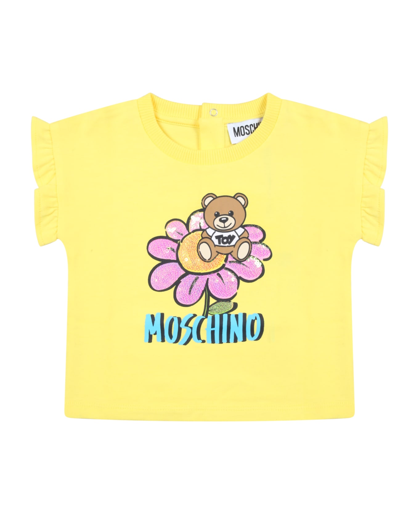 Moschino Yellow T-shirt For Baby Girl With Teddy Bear And Flowers - Yellow