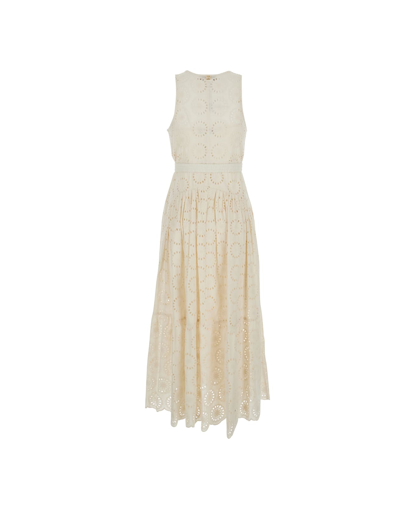 TwinSet White Long Dress With V-neck And Waist Belt With Metallic Logo Plaque In Cotton Woman - White