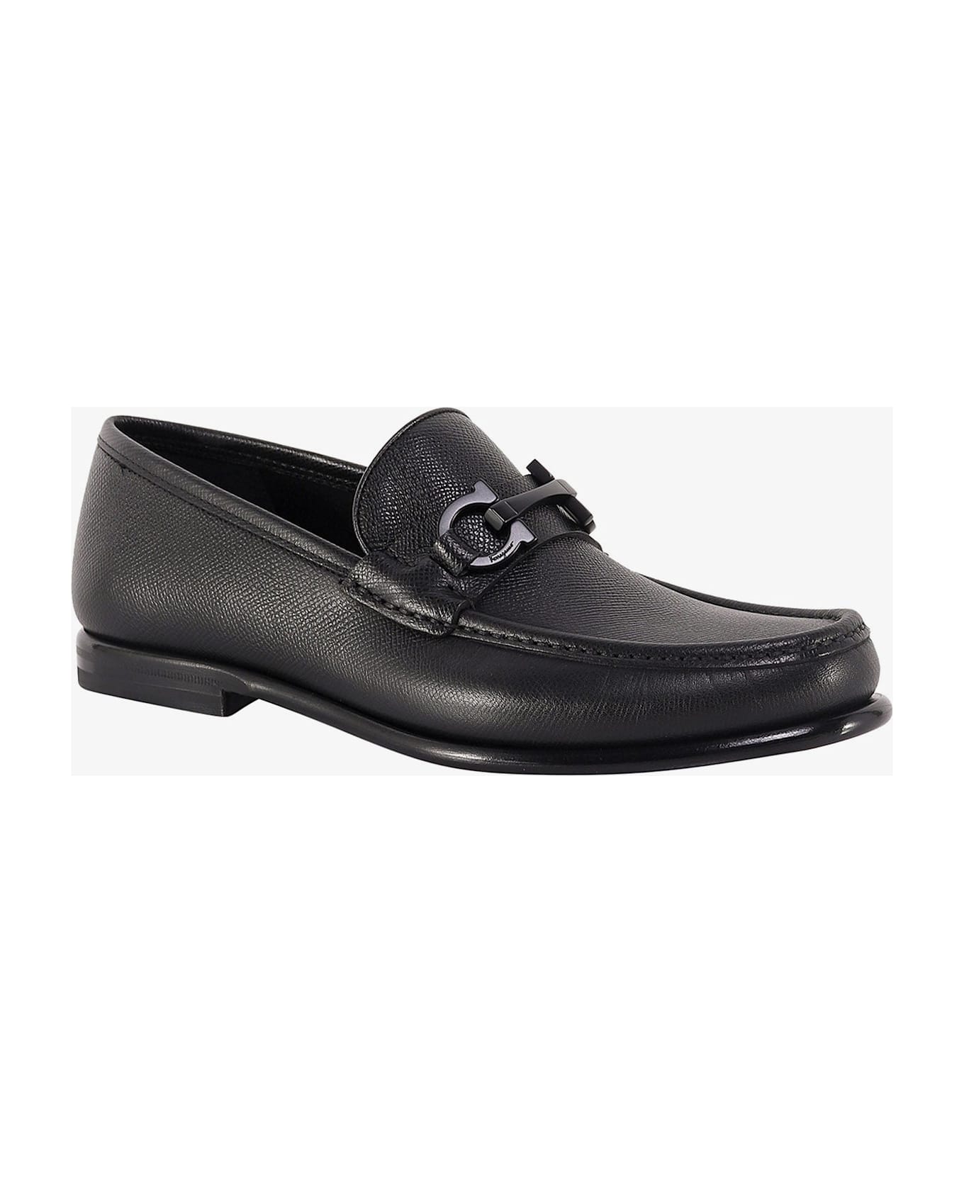 Ferragamo Crown Leather Loafer With Gancini Detail - Black
