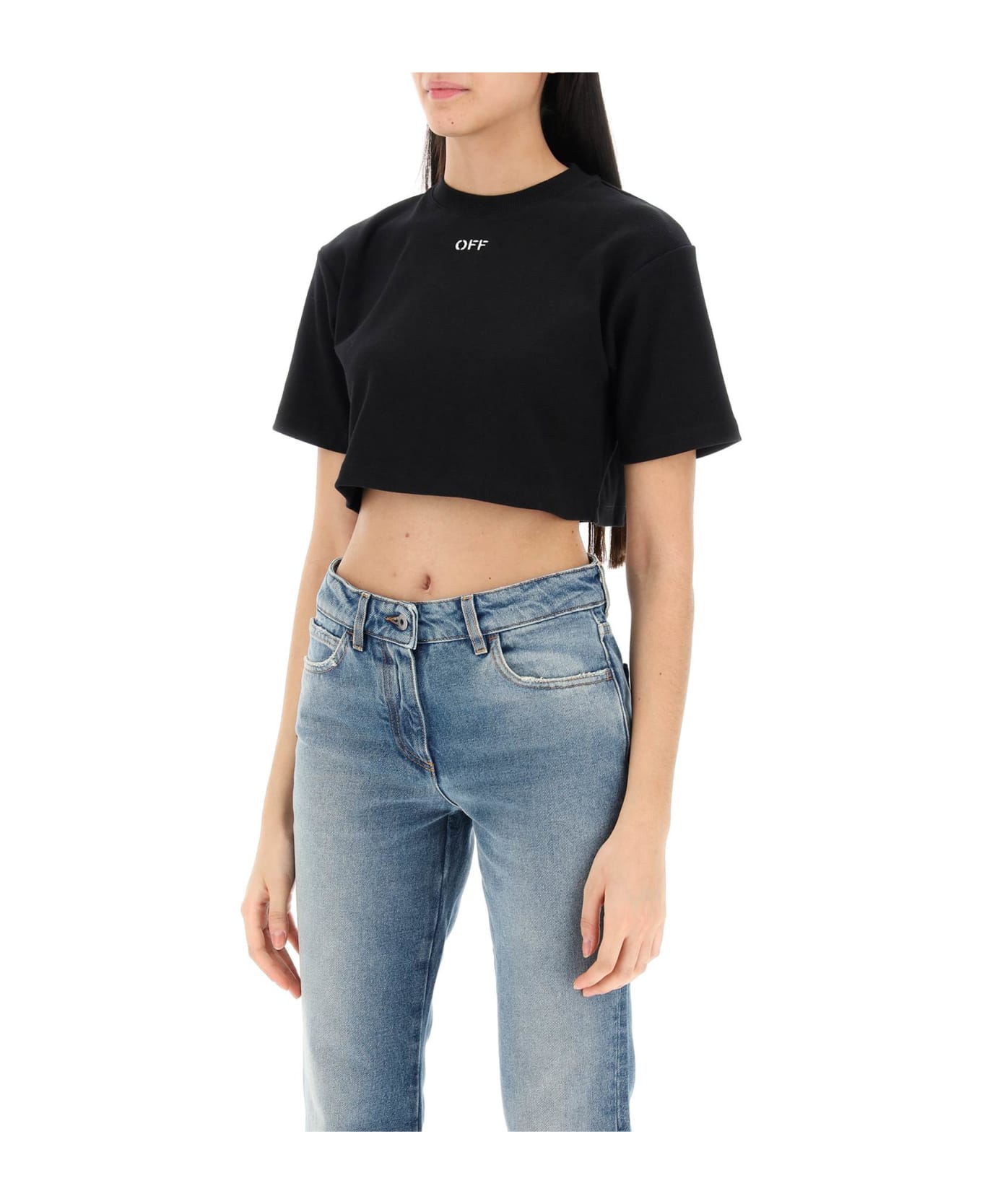 Off-White Cropped T-shirt With Off Embroidery - Black