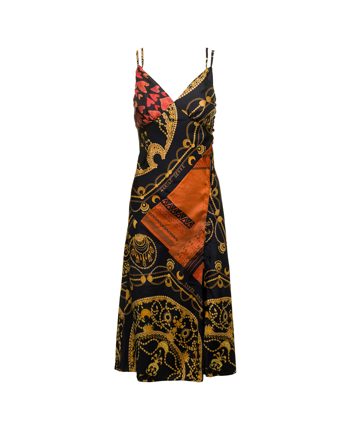 Marine Serre Midi Multicolor Dress With Double Straps And Ornament Jewelry Print In Silk Woman - Multicolor