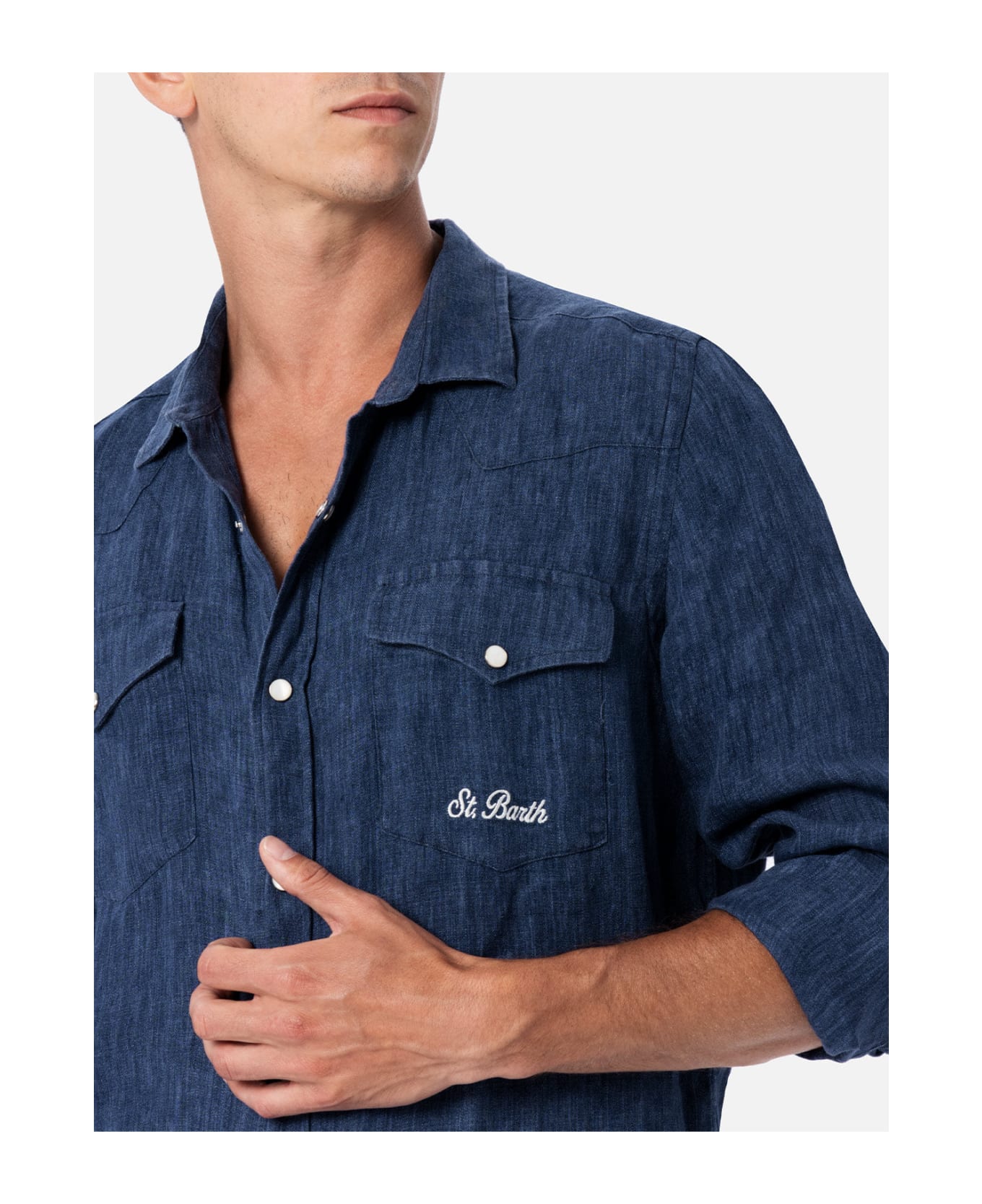 MC2 Saint Barth Man Linen Denim Delave Shirt Greg - BLUE