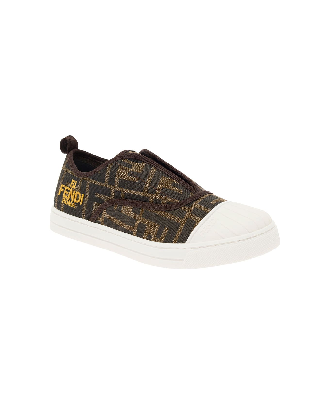 Fendi Brown Pull-on Sneakers With Logo Embroidery In Ff Canvas Boy - Brown