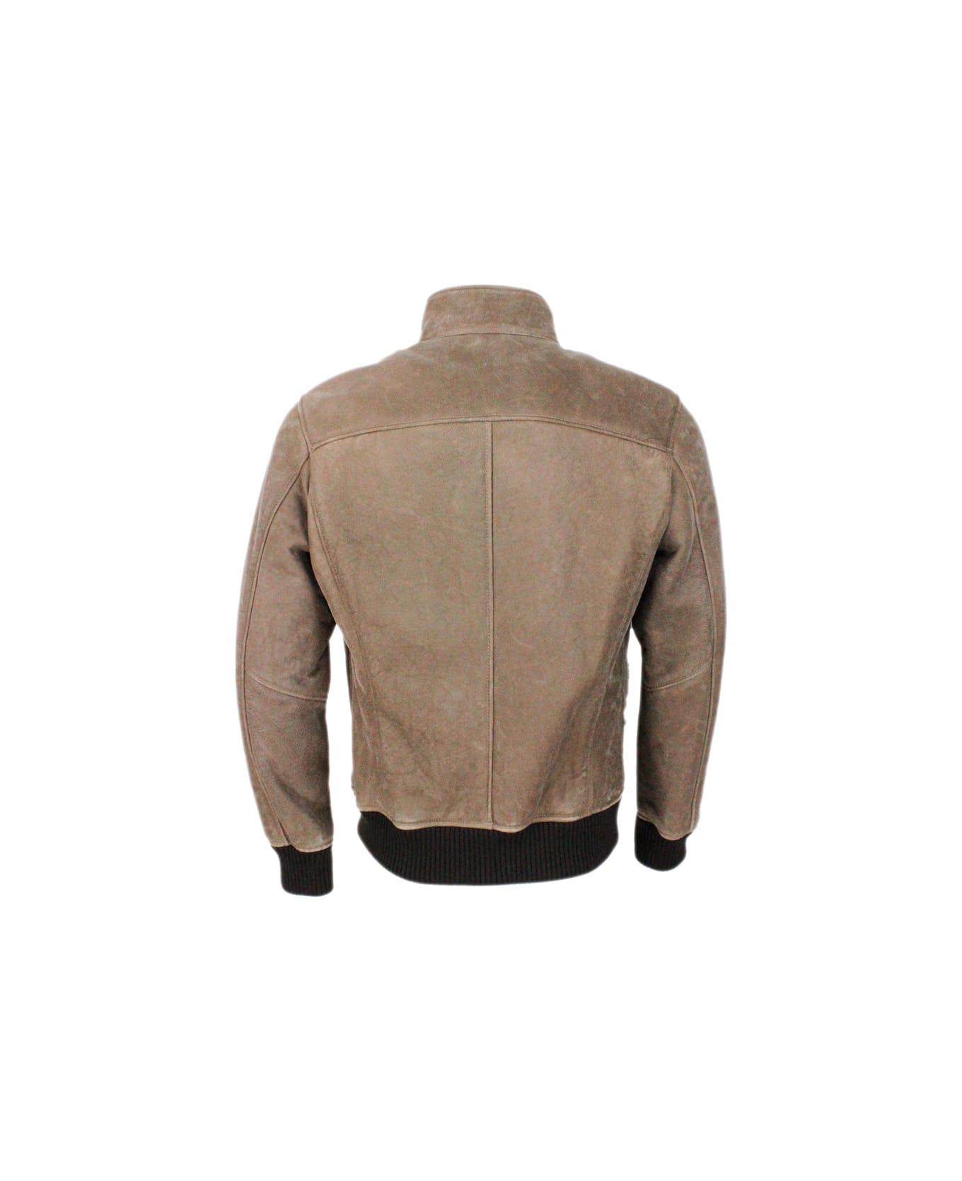 Barba Napoli Bomber Shearling Shearling Jacket With Stretch Knit Trims And Zip Closure - Taupe