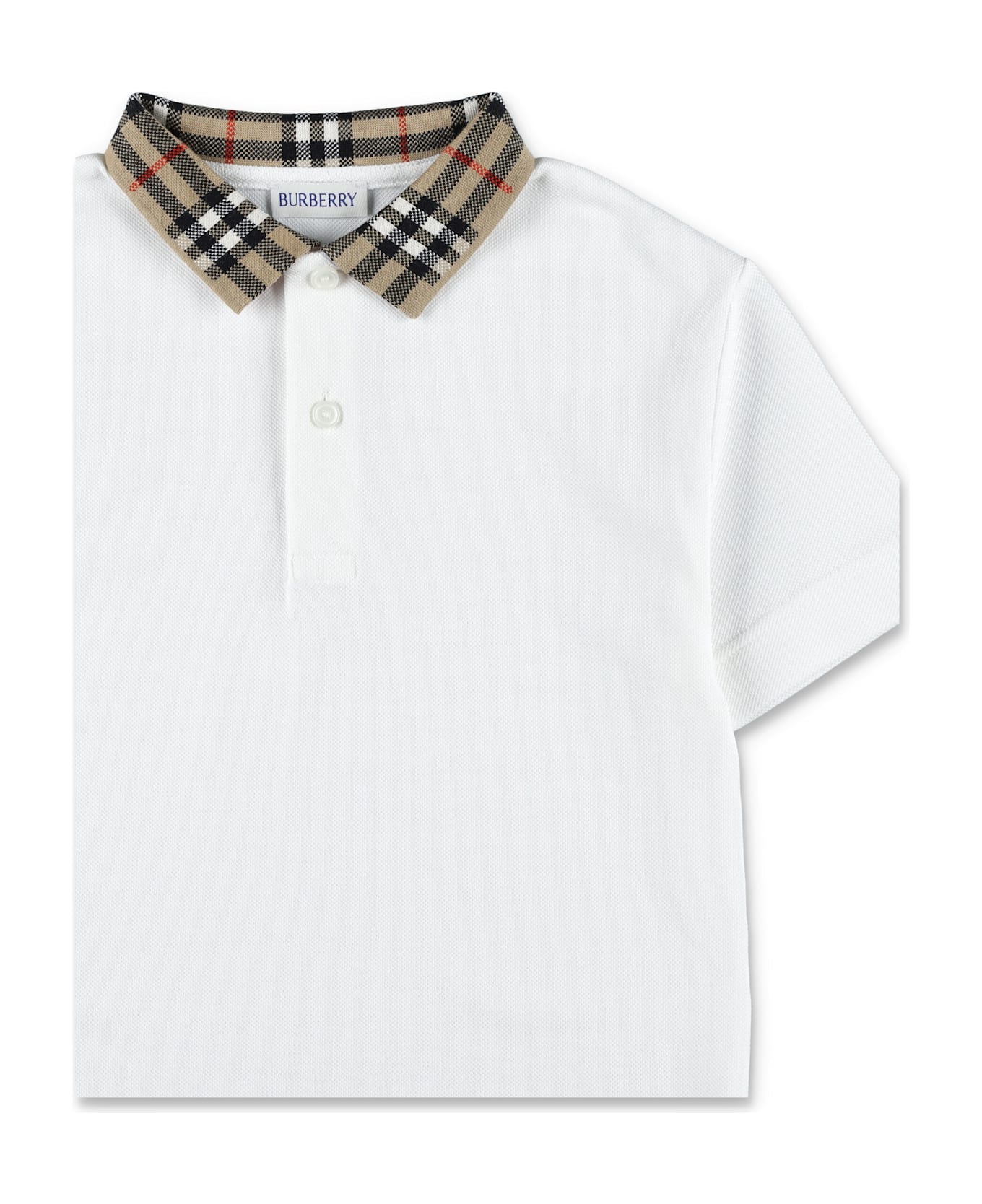 Burberry Kid - Burberry Cotton Polo With Check Collar - WHITE