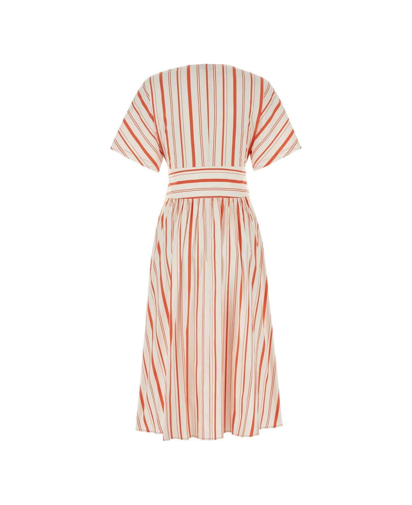 Woolrich Striped V-neck Short-sleeved Dress - PLASTERWHITESTRIPE ワンピース＆ドレス