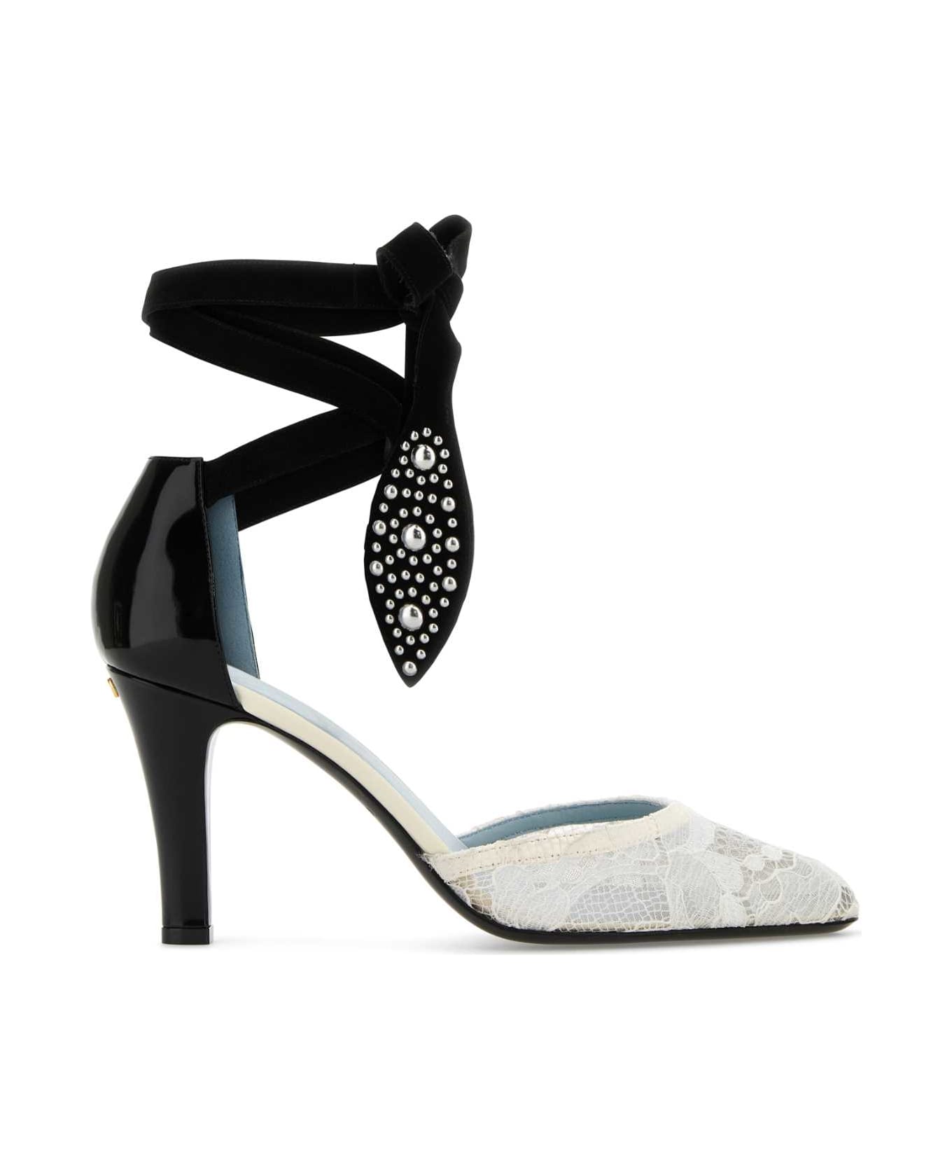 Valentino Garavani Two-tone Lace And Leather Foliefoliage Pumps - IVORYNUDENERO