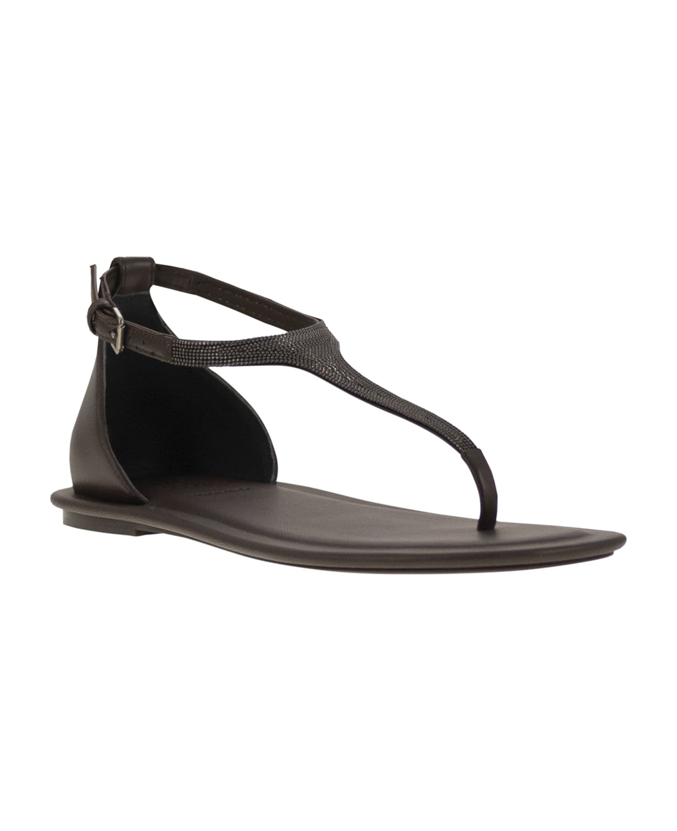 Brunello Cucinelli Nappa Leather Sandals With Precious Strap - Marrone scuro