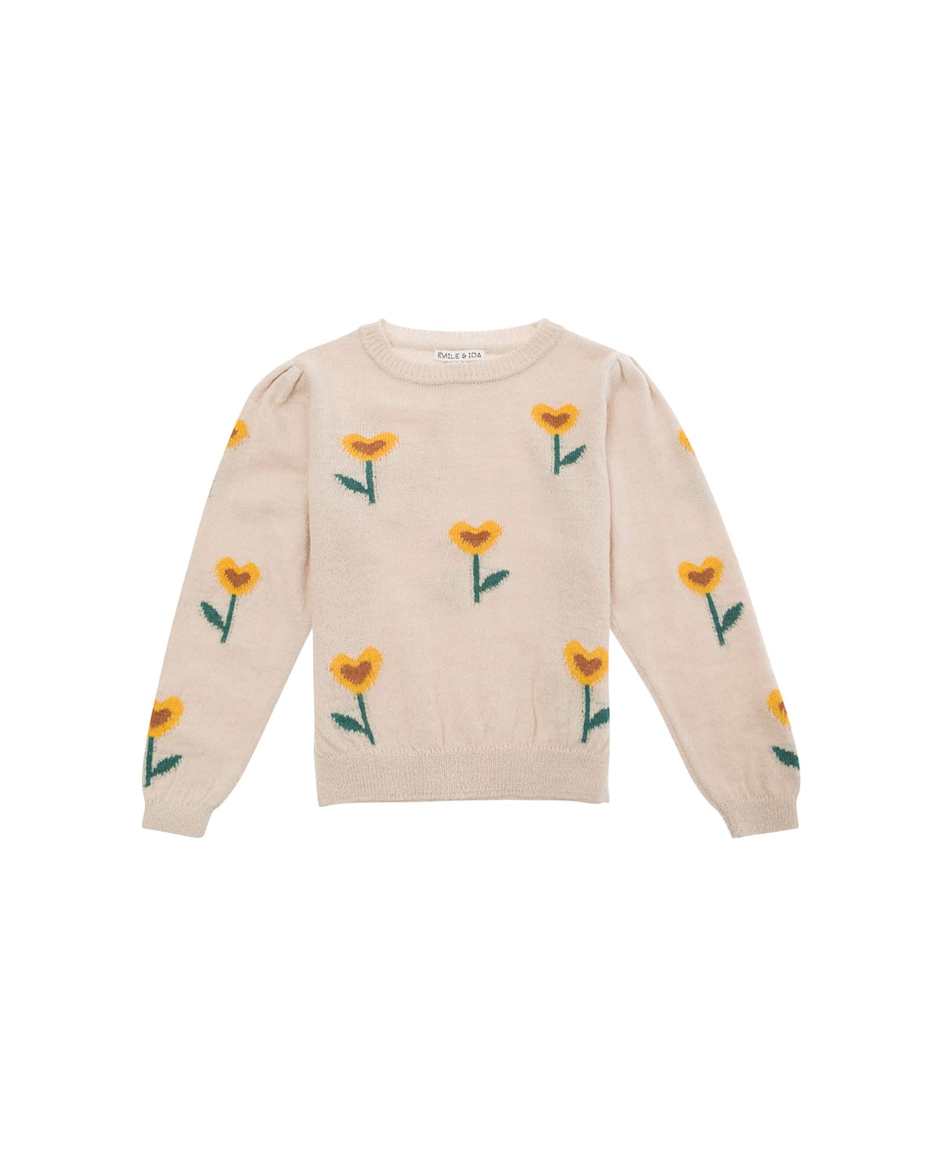 Emile Et Ida Beige Sweater With Flowers Detail In Alpaca Blend Girl - Beige ニットウェア＆スウェットシャツ