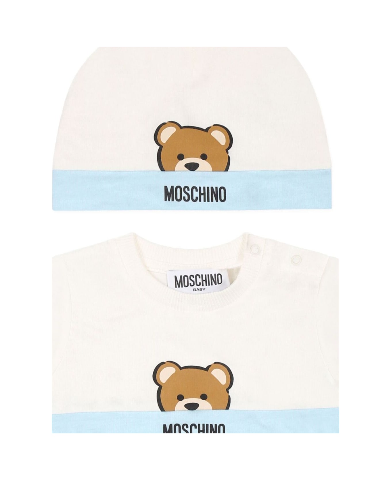 Moschino Light Blue Set With One-piece And Beanie With Logo Detail On The Front In Cotton Baby - Light blue