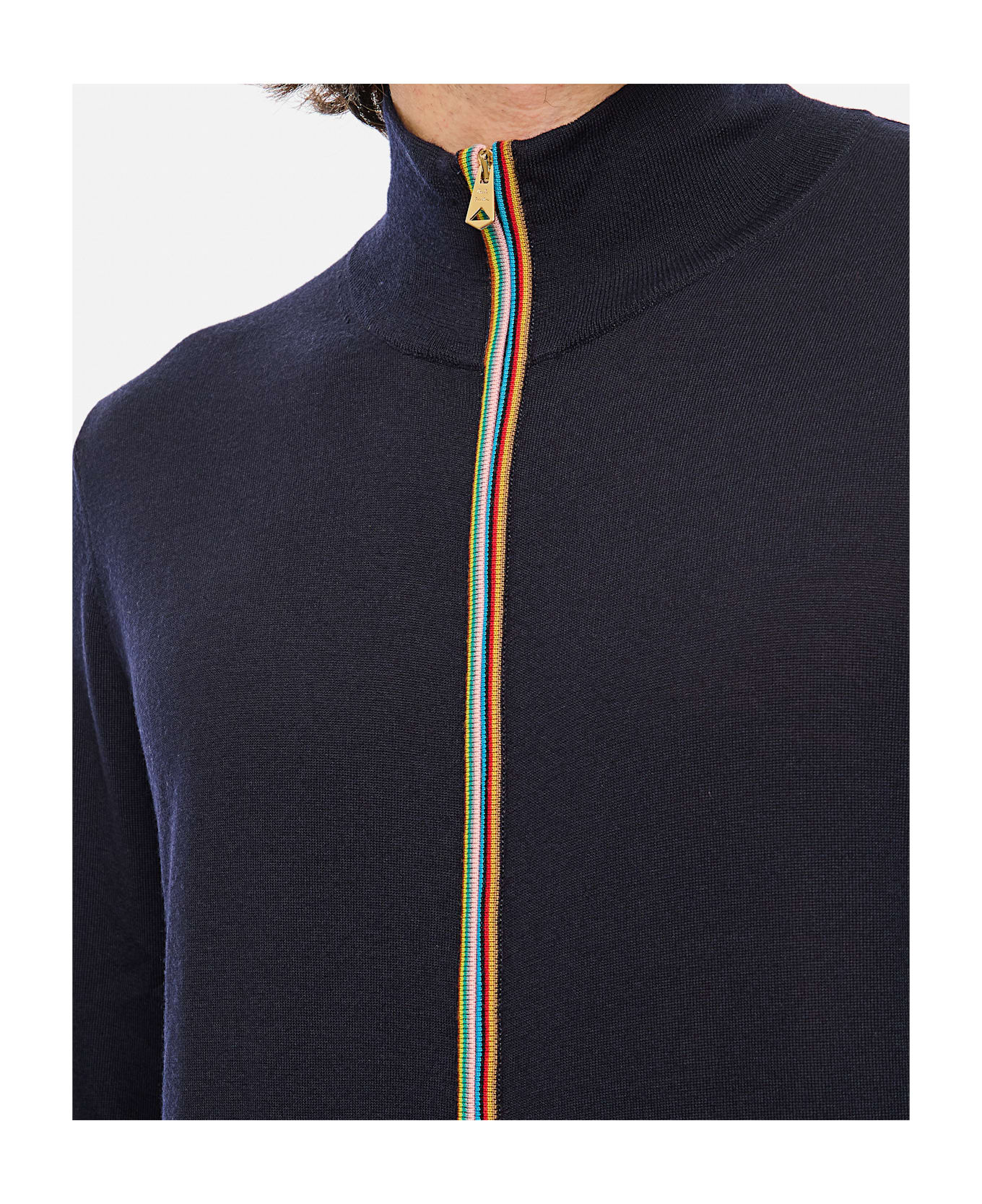 Paul Smith Navy Washable Merino Wool 'signature Stripe' Zip Cardigan - Blue