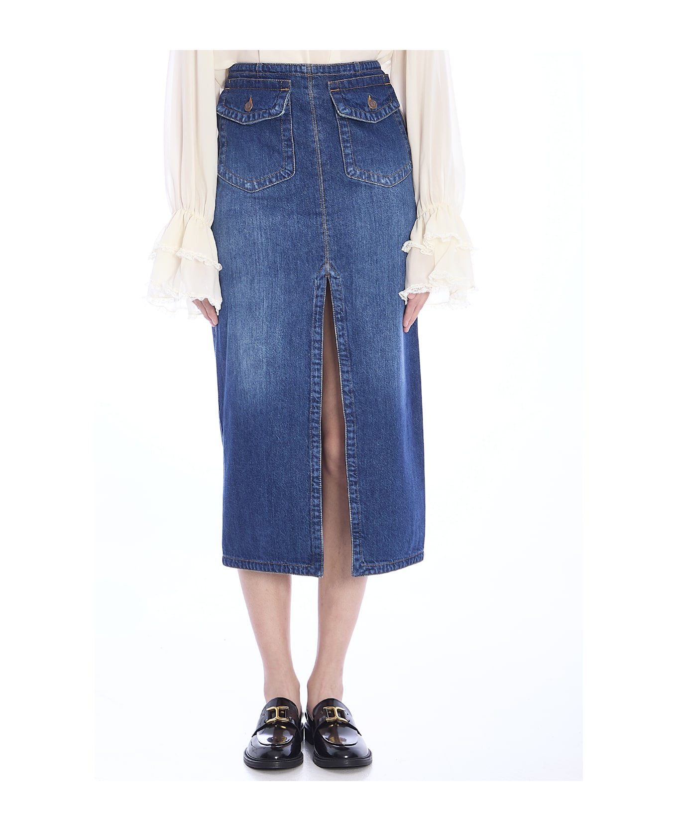 Chloé Denim Midi Skirt - BLUE