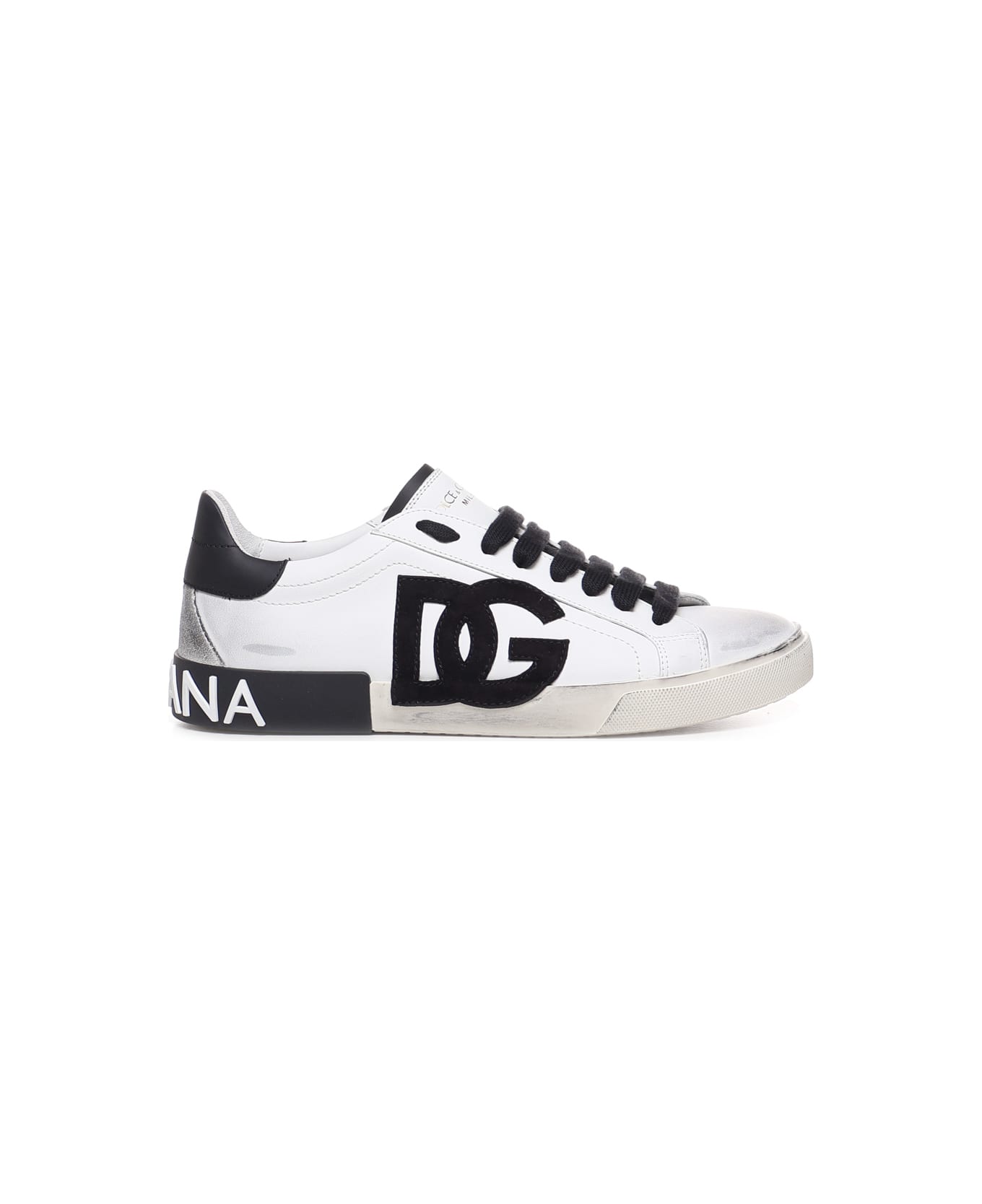 Dolce & Gabbana Portofino Vintage Sneaker In Calf Leather - WHITE, black