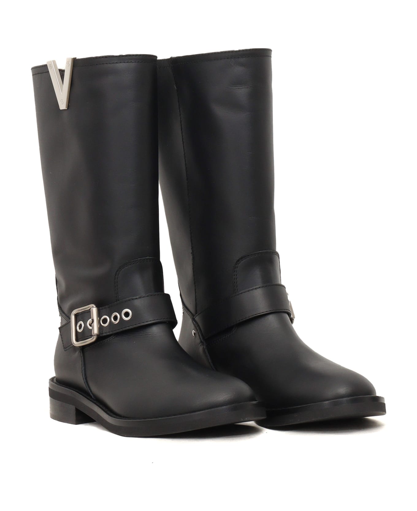 Via Roma 15 Buckles V Nickel Biker Boots - BLACK