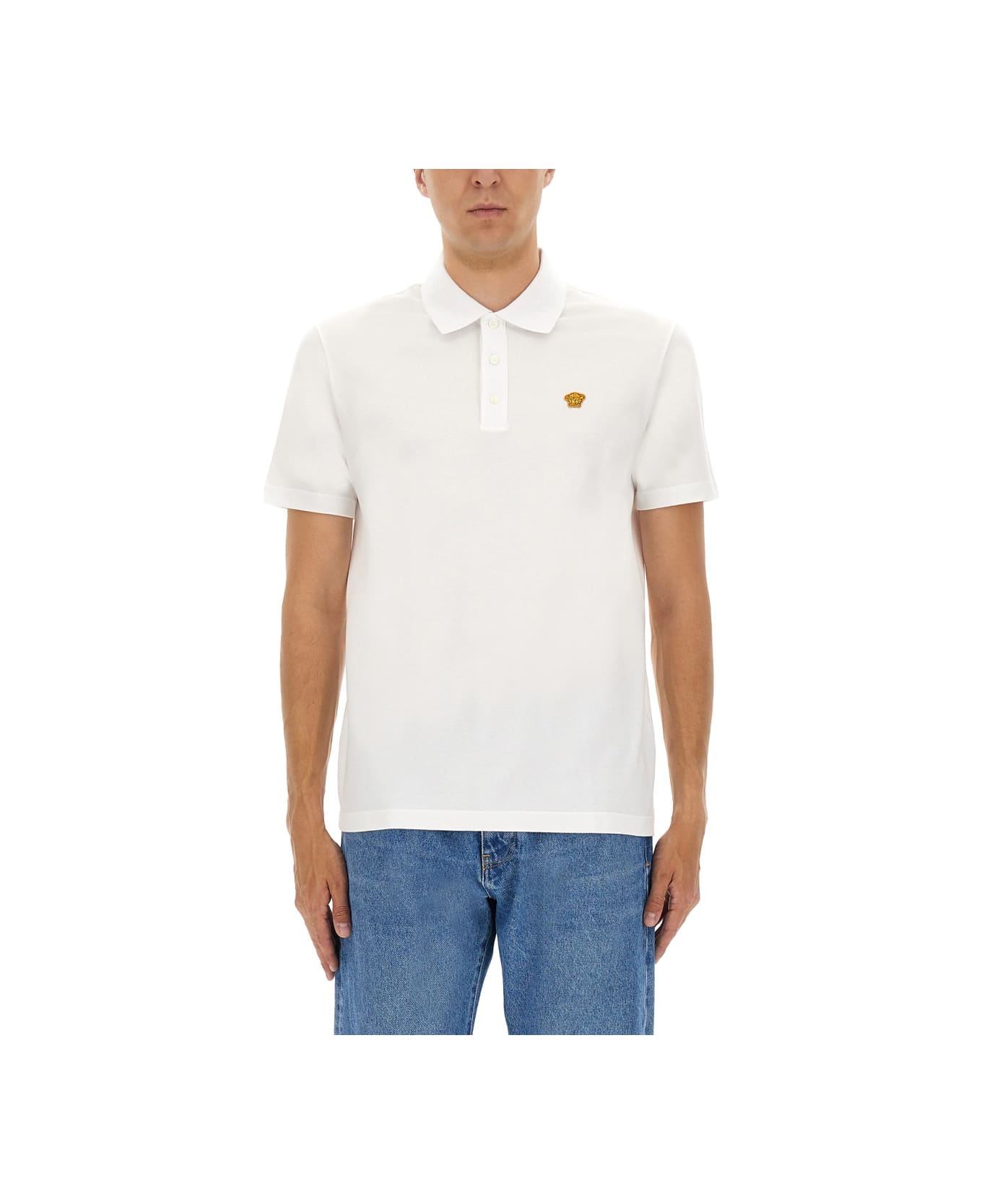 Versace Piquet Polo Shirt With Embroidery - WHITE