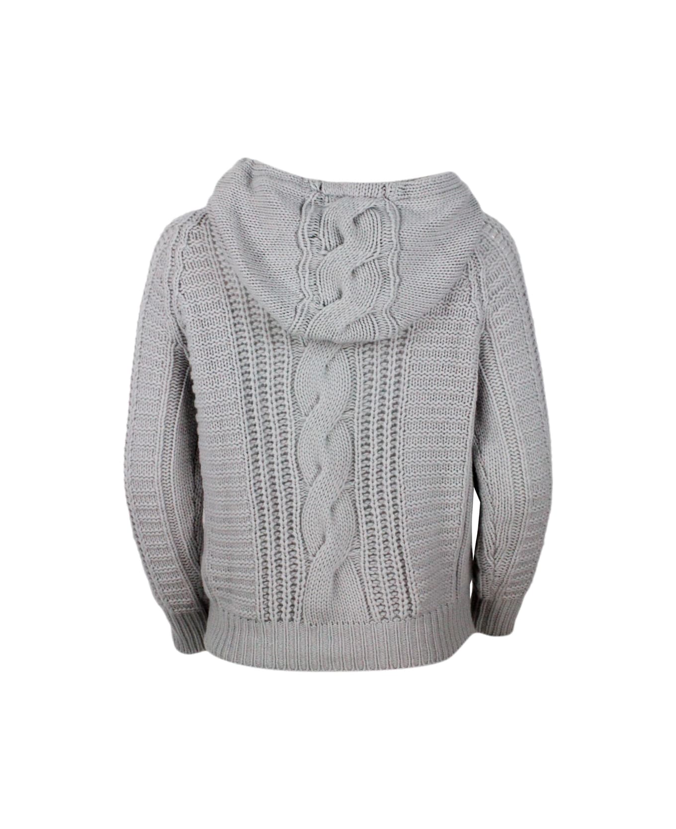 Lorena Antoniazzi Crewneck Sweater With Hood With Drawstring Made Of 100% Cashmere With Cable Knit - Grey