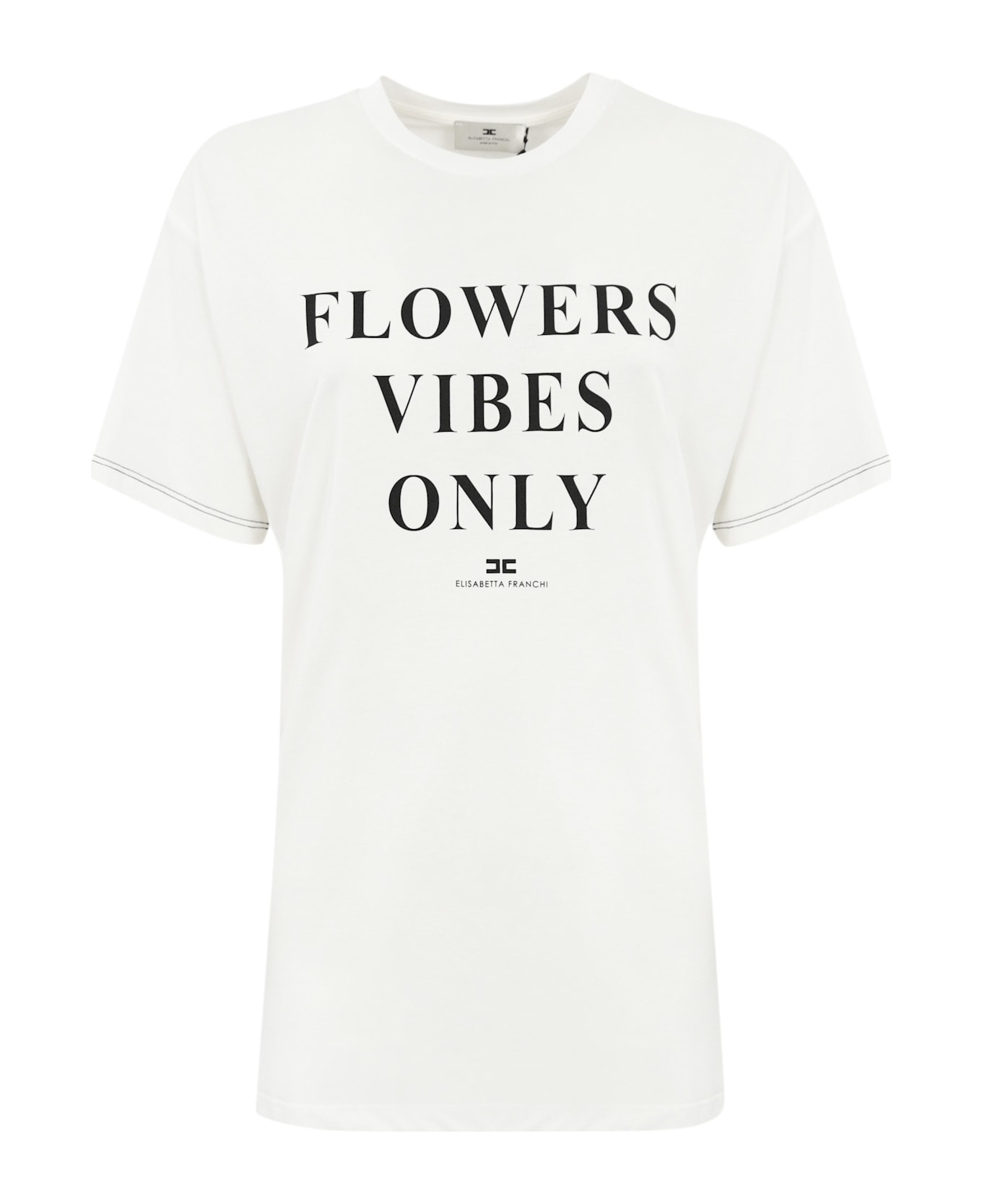 Elisabetta Franchi Jersey T-shirt With Print And Satin Bands - Gesso