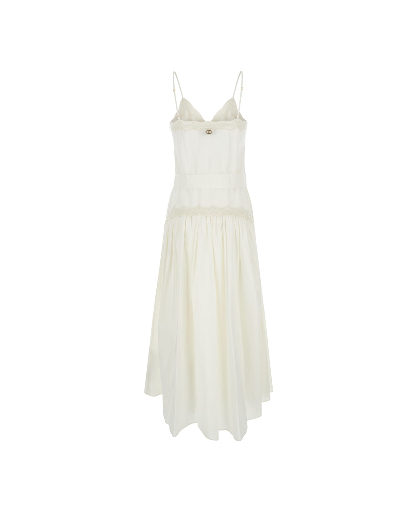 TwinSet Long Cream White Dress With Embroideries And Matching Belt In Cotton Woman - White