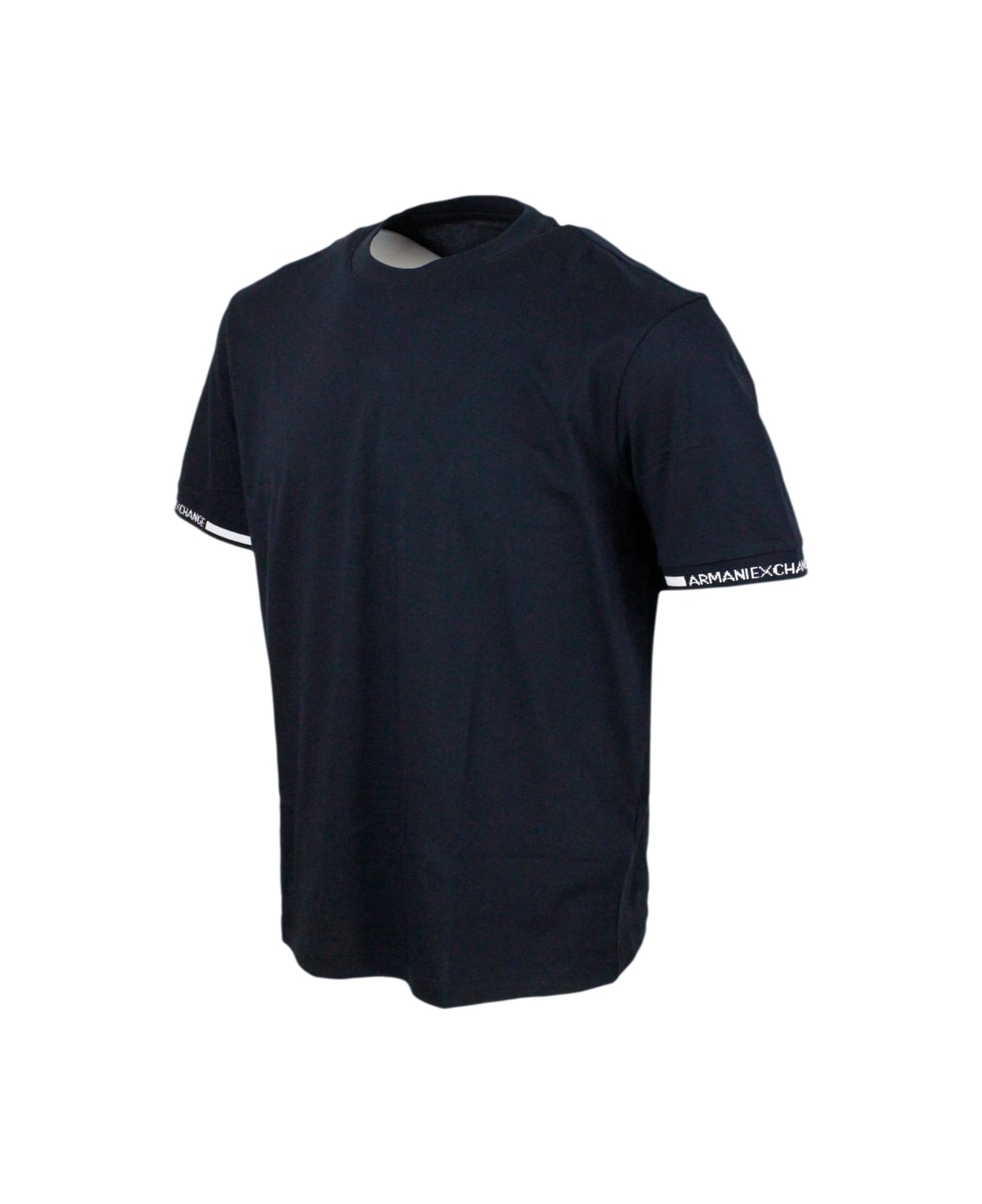 Armani Collezioni Short-sleeved Crew-neck T-shirt With Logo On The Sleeves - Blue