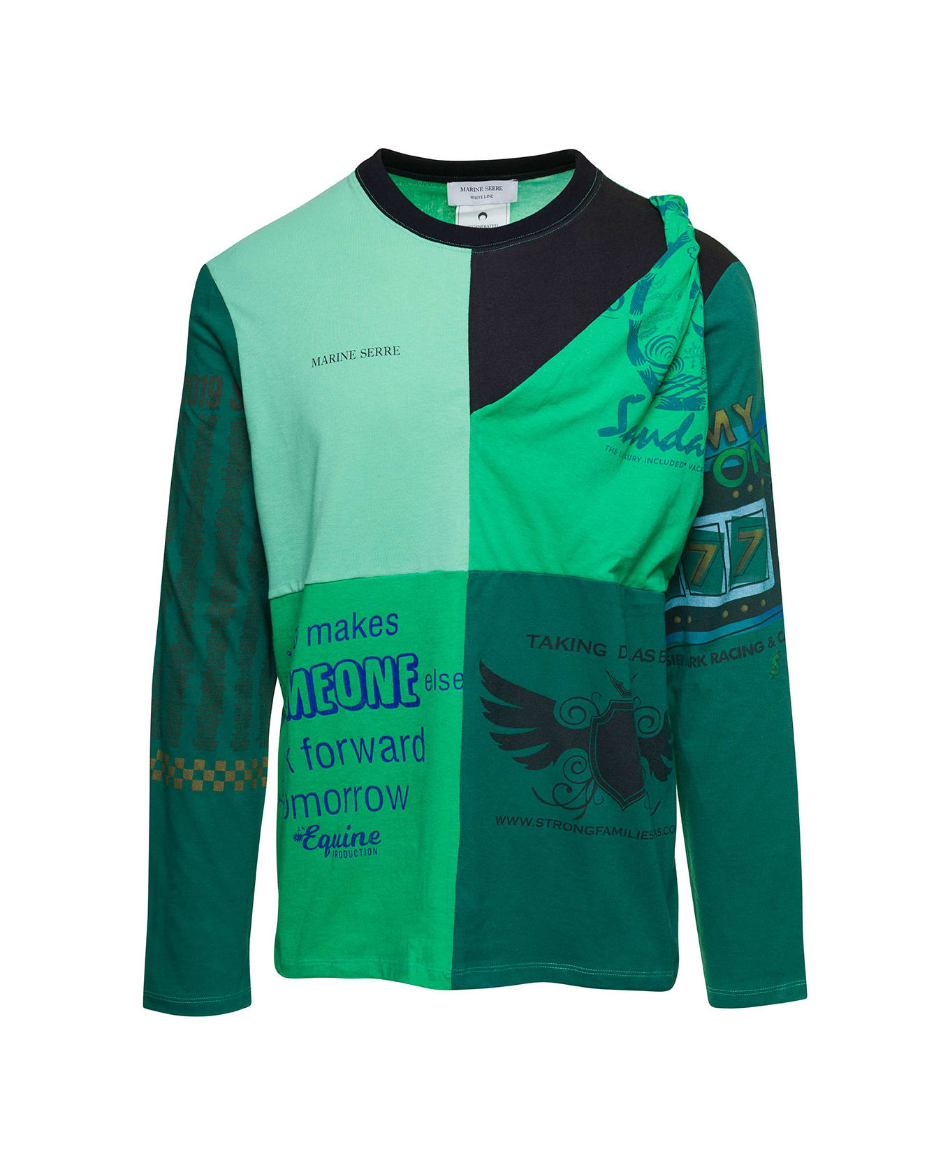 Marine Serre Green Long Sleeves T-shirt With Regenerated Print In Cotton Man - Green