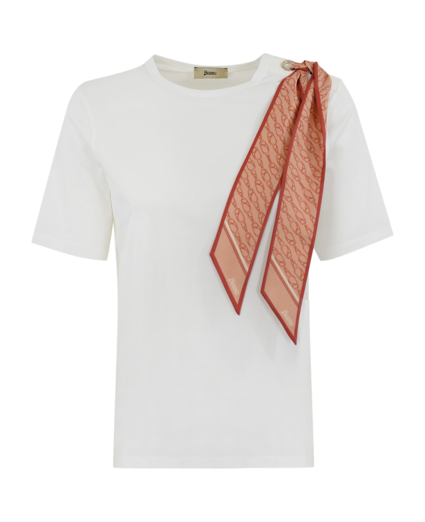 Herno Cotton T-shirt With Silk Scarf - Bianco/rosa