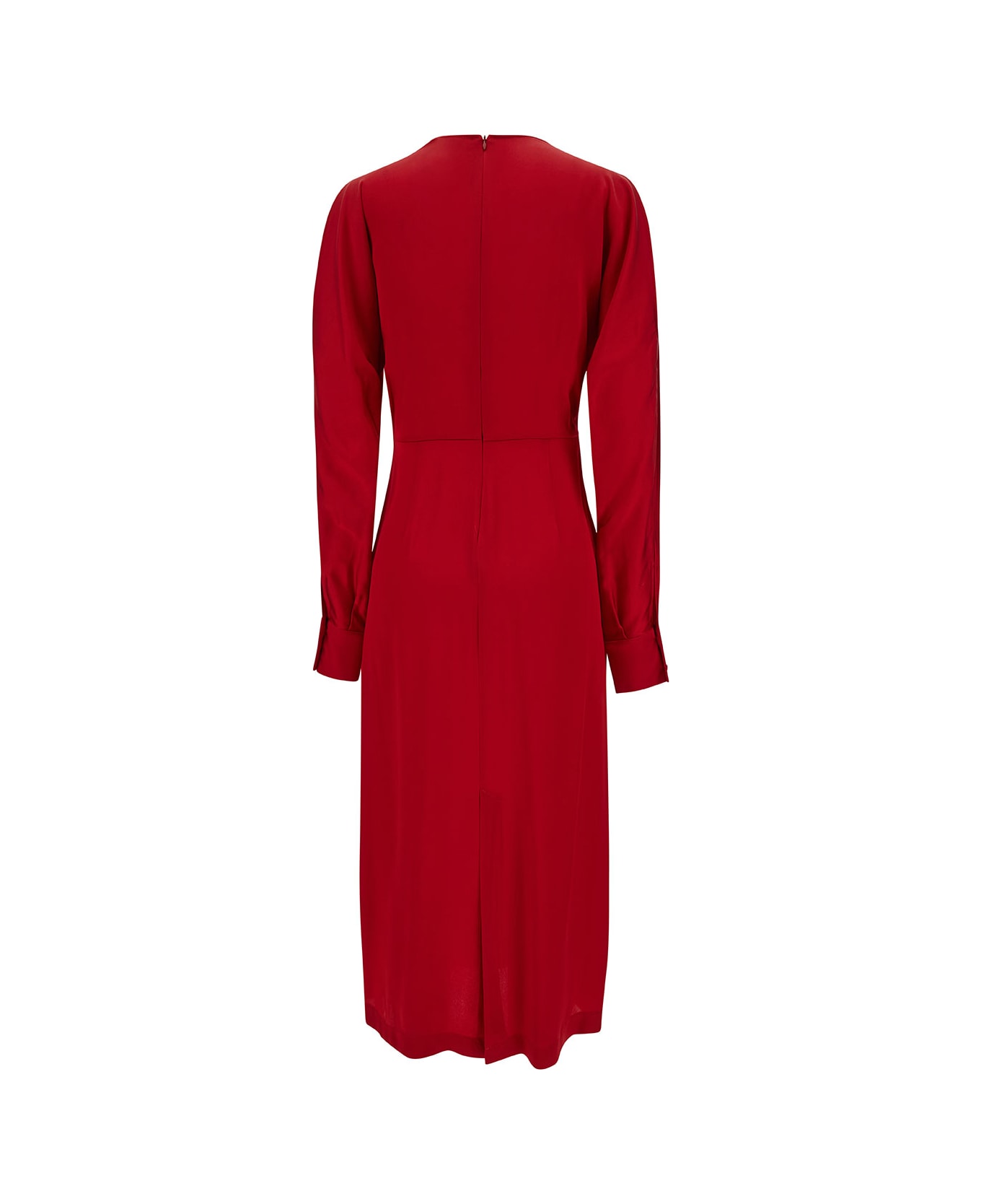 SEMICOUTURE Midi Red V Neck Dress With Long Sleeve In Acetate And Silk Blend Woman - Red