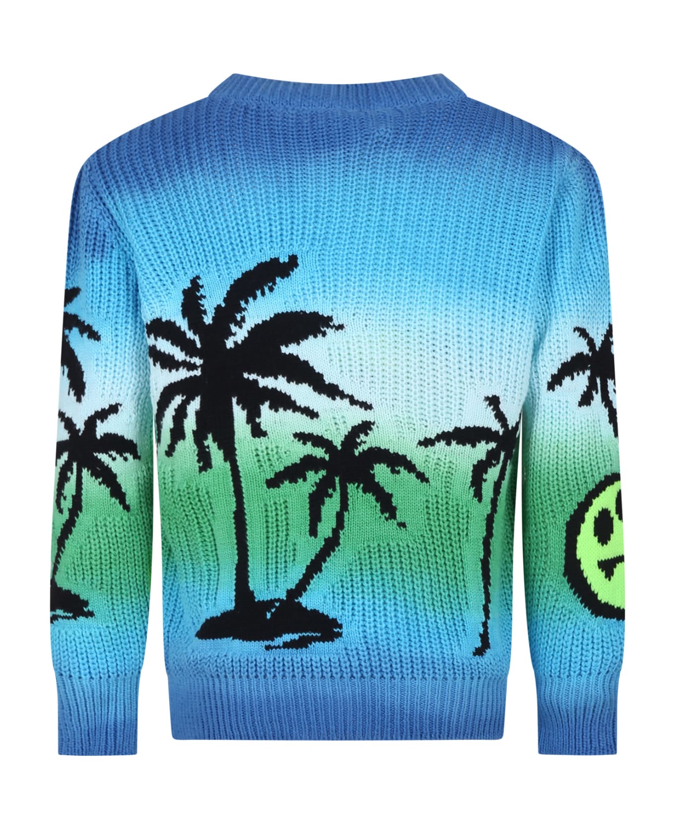 Barrow Light Blue Cotton Sweater For Kids With Smiley And Palm Trees - Light Blue ニットウェア＆スウェットシャツ
