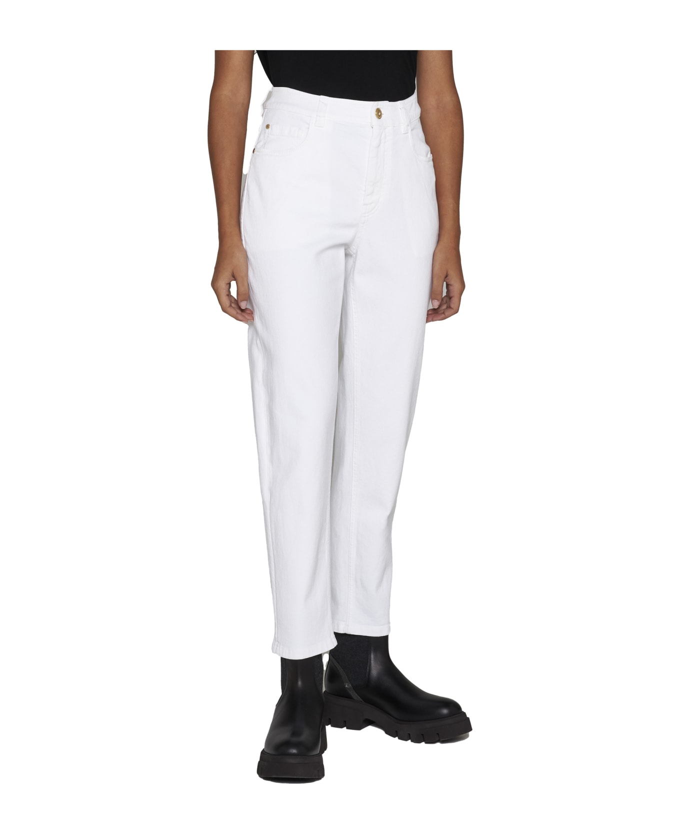 Brunello Cucinelli 5 Pockets Jeans With Monile Detail In Stretch Cotton Denim - White