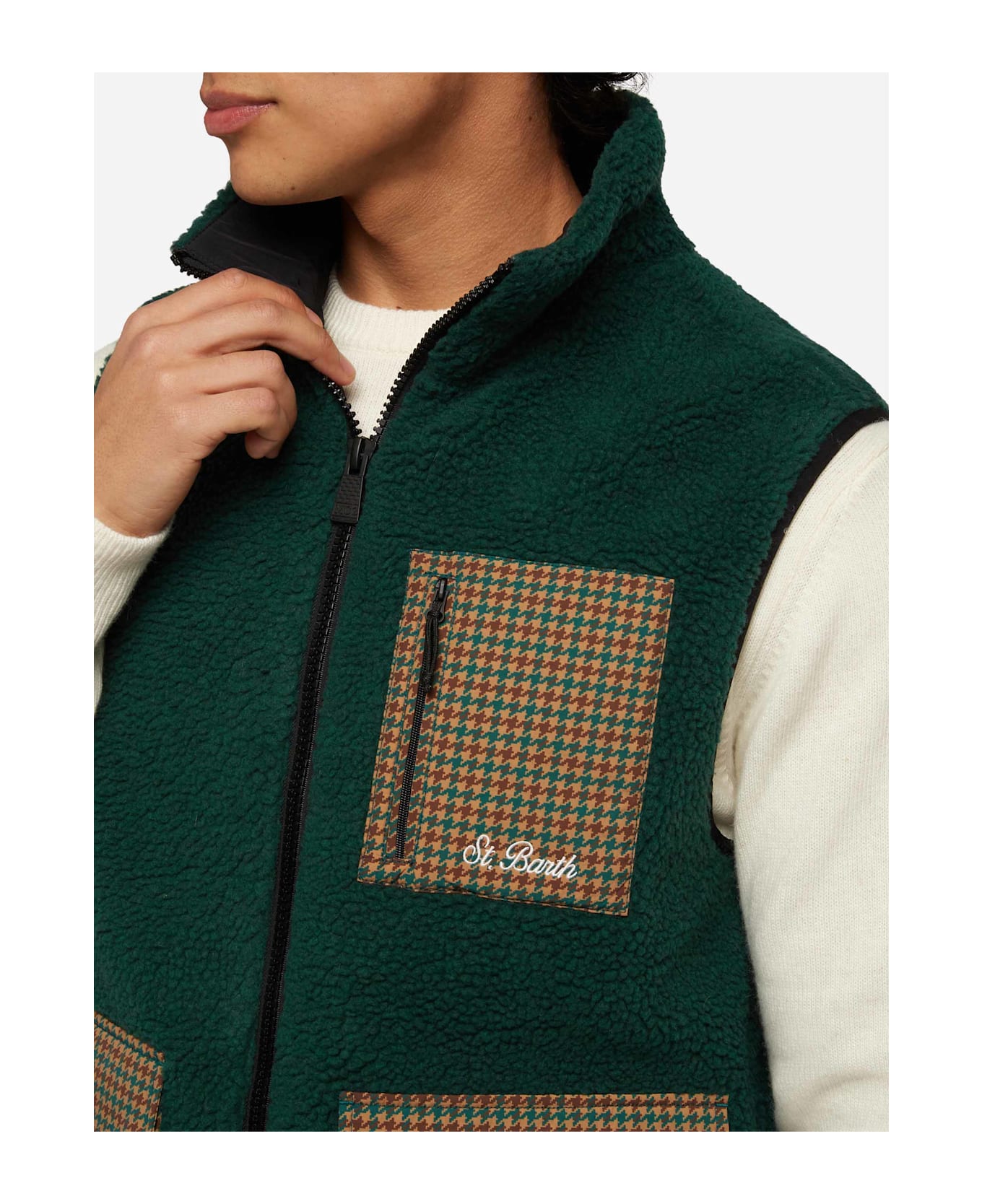 MC2 Saint Barth Man Teddy Vest Wanaka With Pied De Poul Print - GREEN