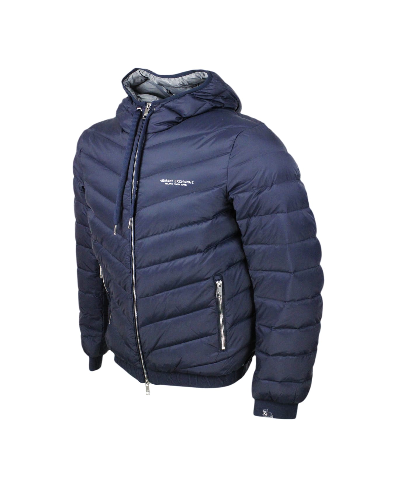 Armani Collezioni Light Down Jacket In Real Goose Down With Integrated Hood And Logoed Elastic At The Bottom - Blu