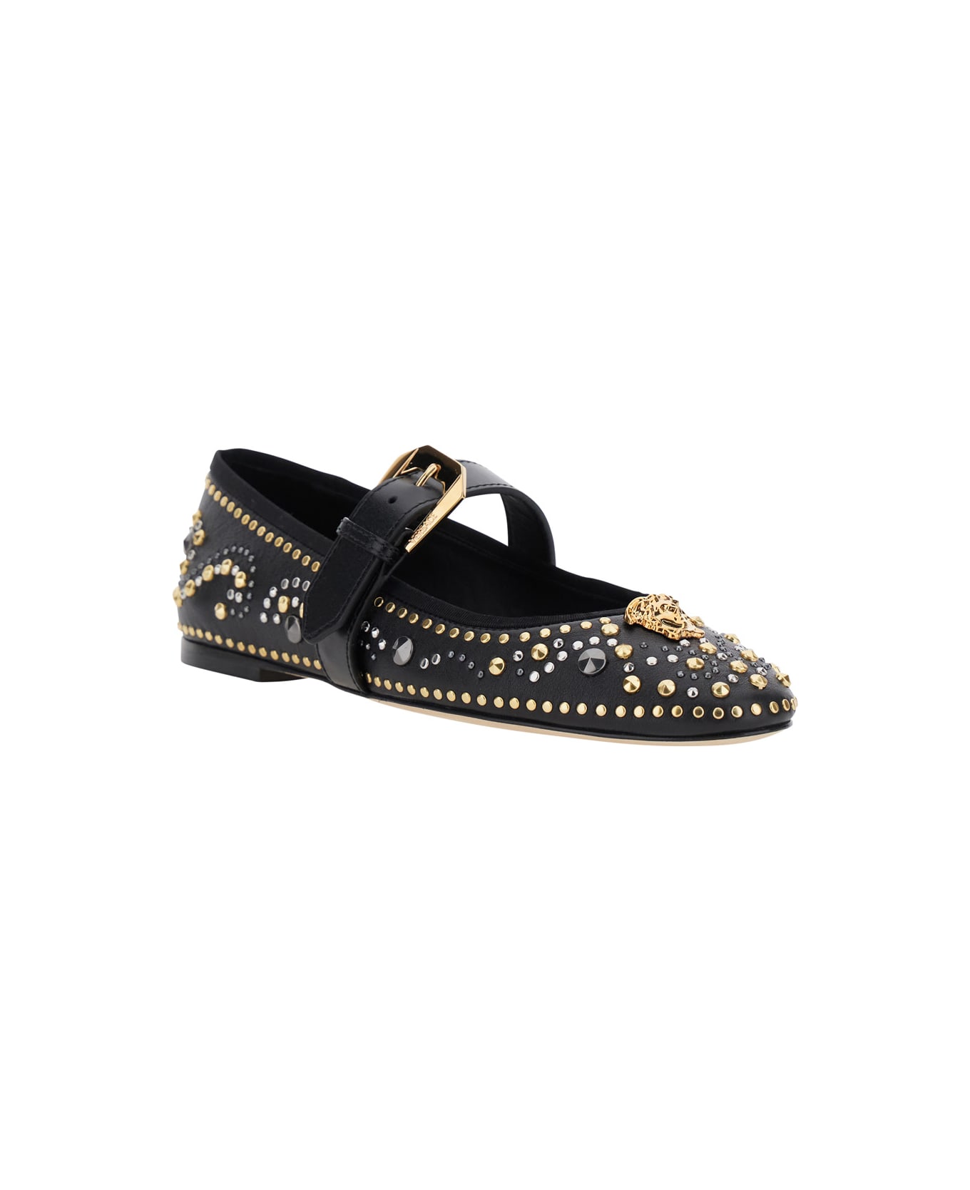Versace Black Ballerinas With Studs Application And Buckle Closure In Leather Woman - Black