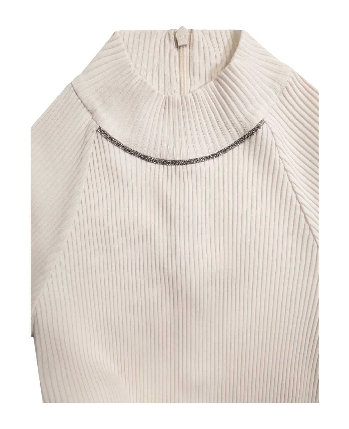 Brunello Cucinelli Lightweight Ribbed Cotton Jersey Embellished With Necklace Jewellery - Beige