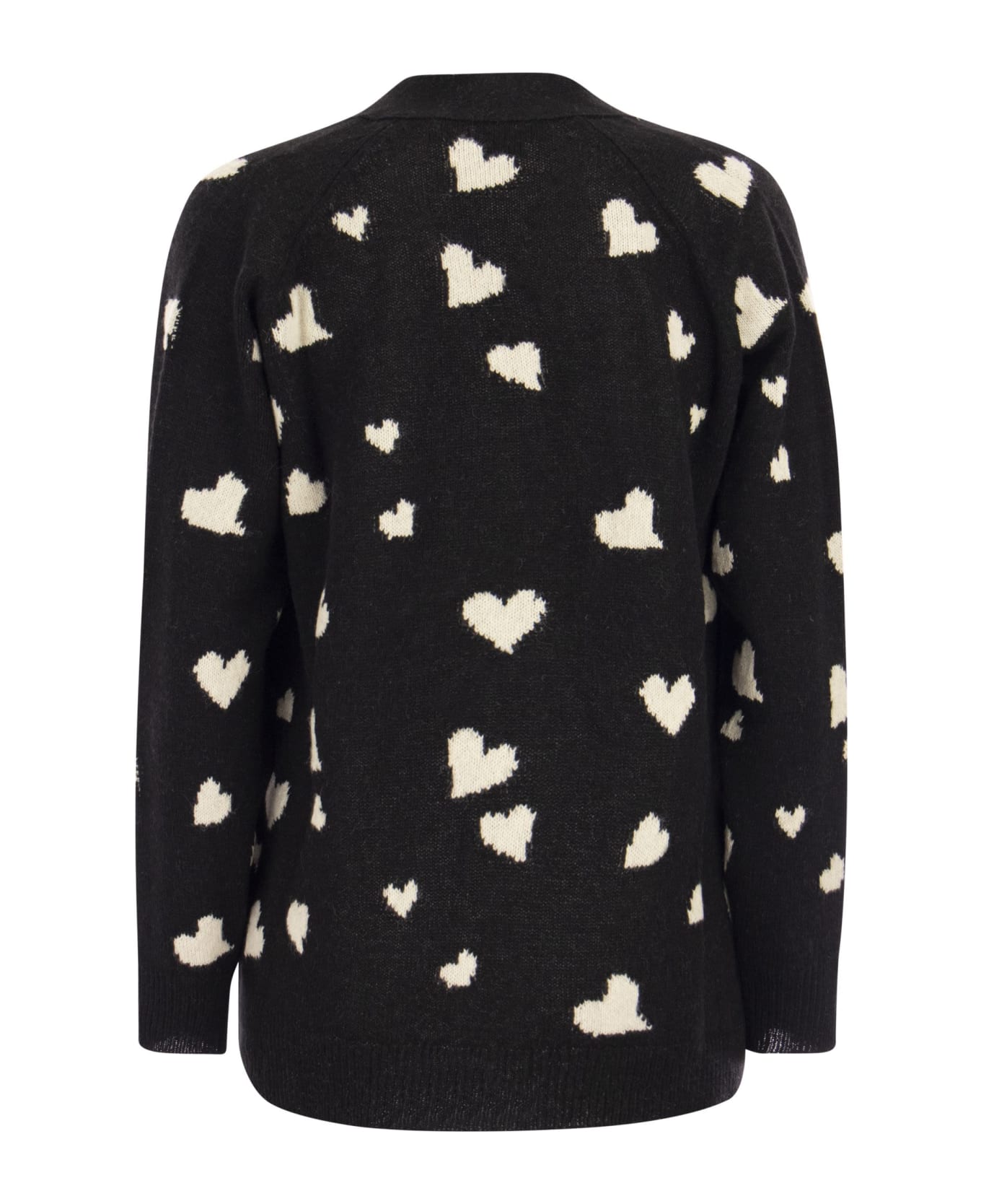 Marni Long Wool Cardigan With Bunch Of Hearts Motif - Black