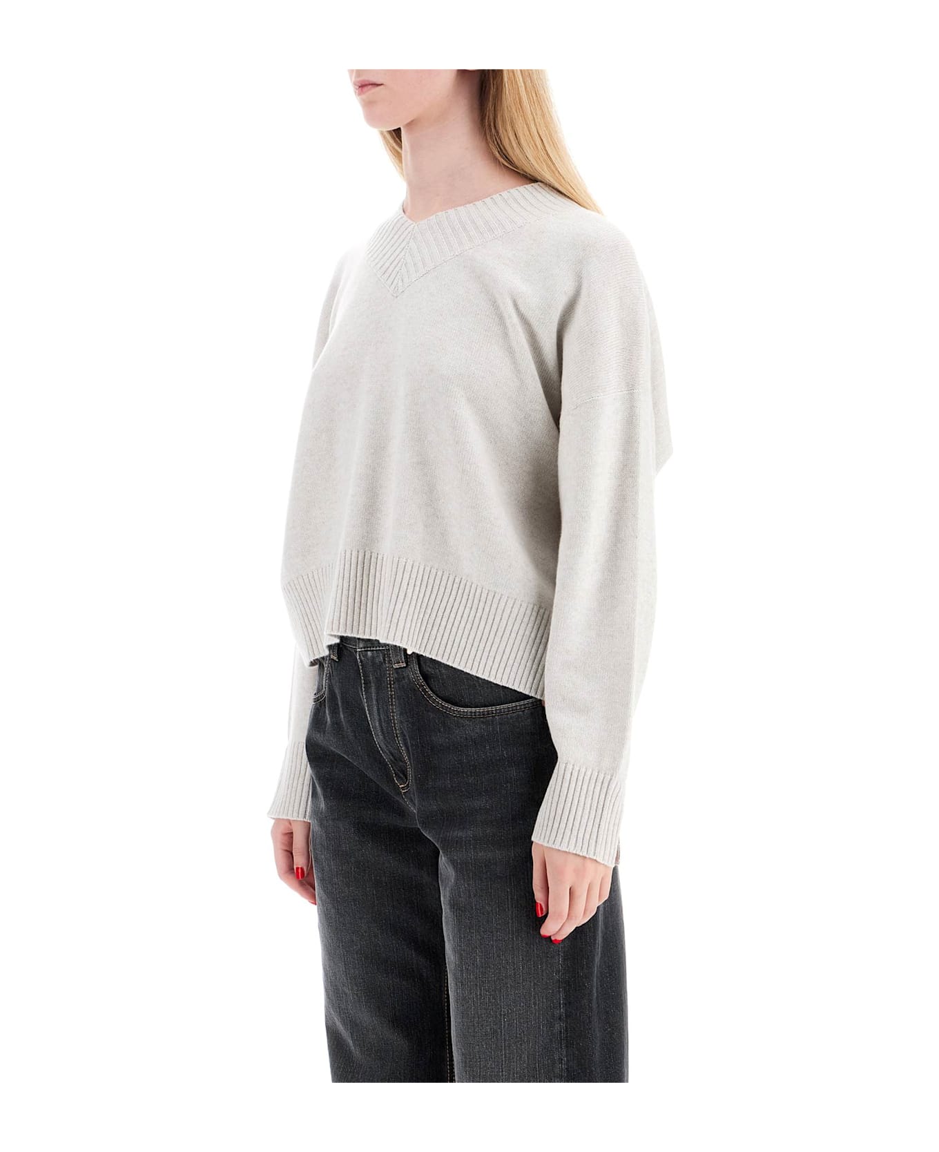 Brunello Cucinelli Cashmere Pullover With Shiny Cuff Details. - MADREPERLA (Grey)