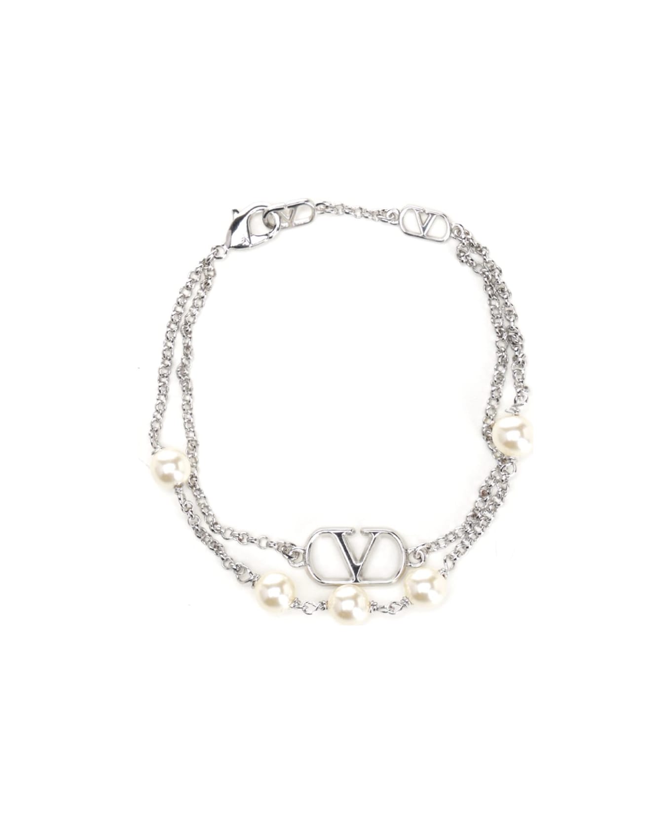 Valentino Garavani Vlogo Bracelet In Metal And Swarovski® Pearls - Silver