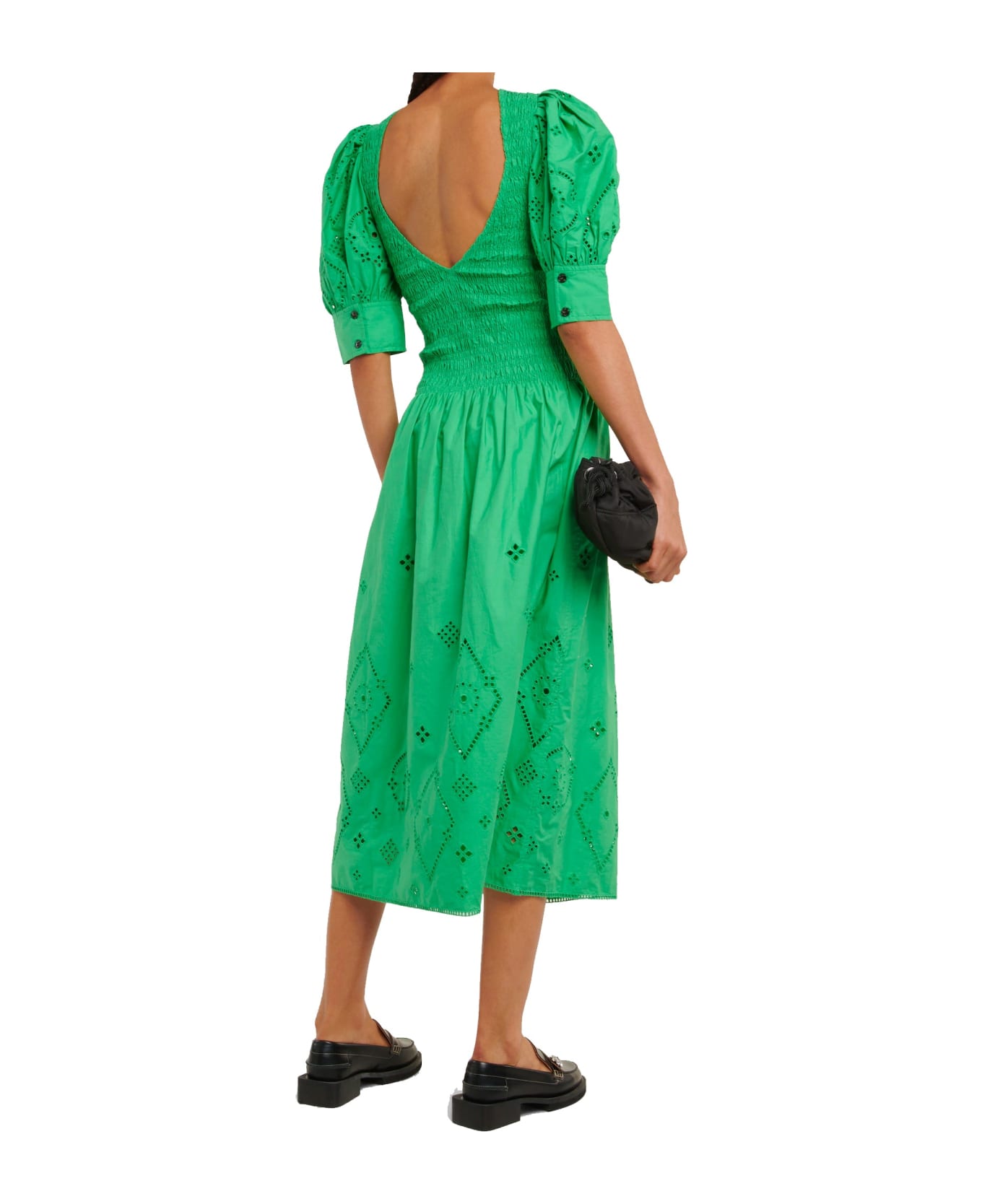 Ganni Gathered Cotton Dress - Green