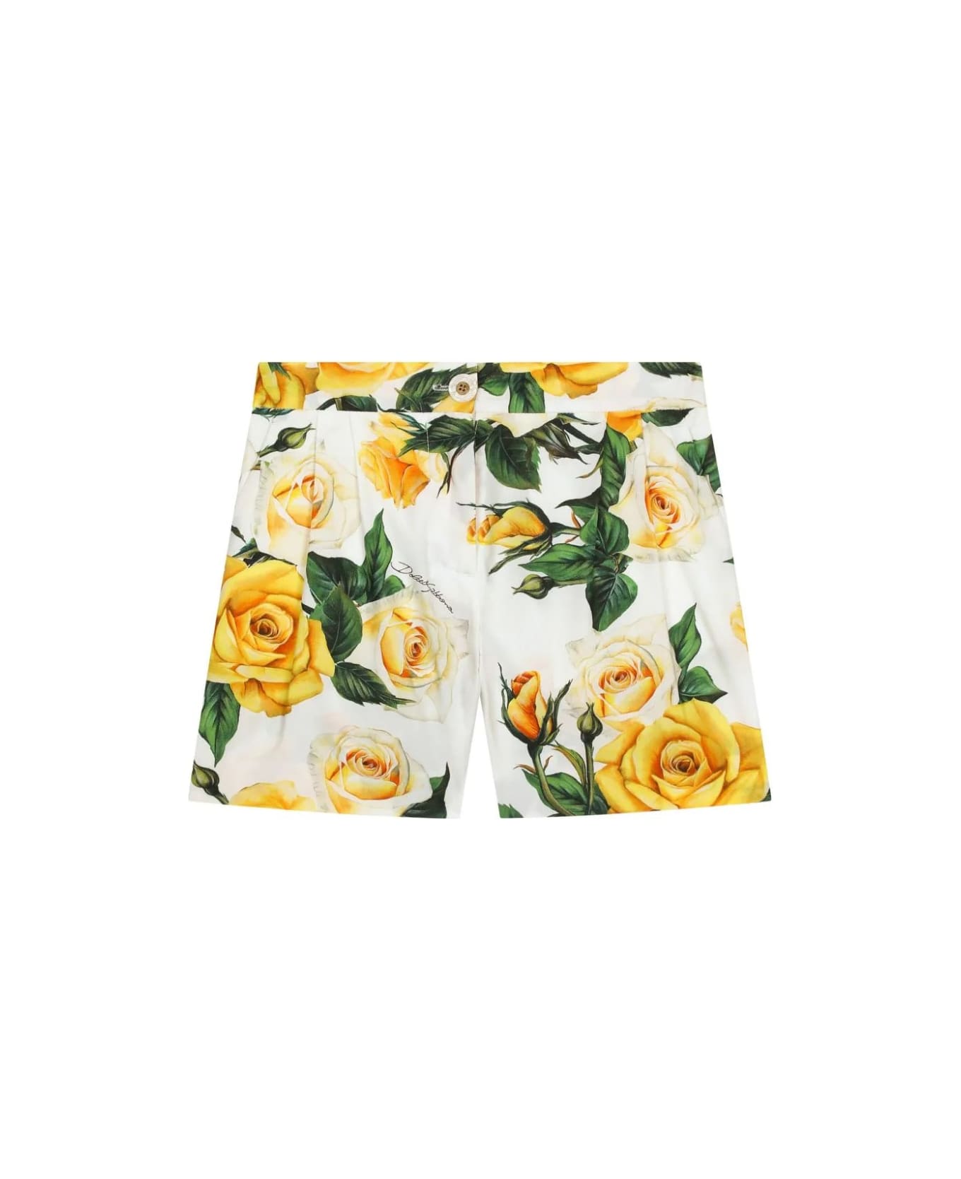 Dolce & Gabbana White Shorts With Yellow Rose Print - White