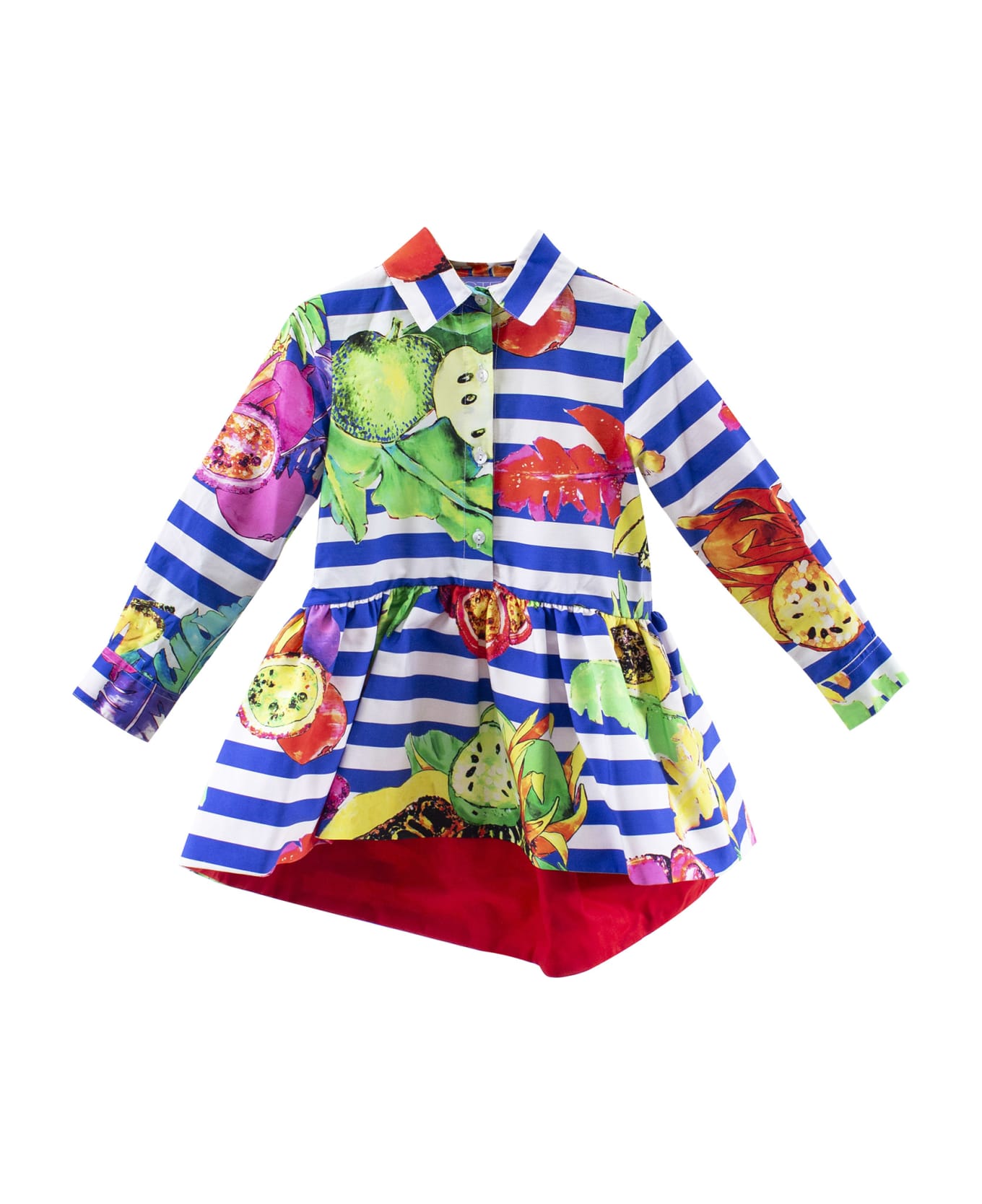 Stella Jean Little Girl Dress With Blue Stripes With Fruits - Blue