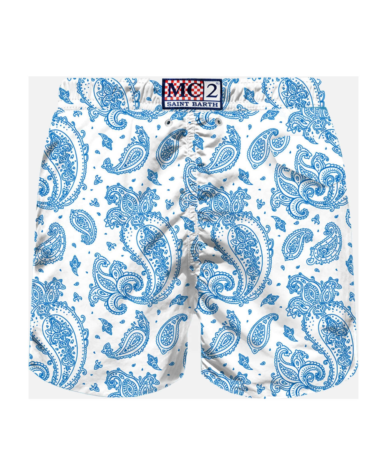 MC2 Saint Barth Man Light Fabric Swim Shorts With Light Blue Paisley Print - WHITE