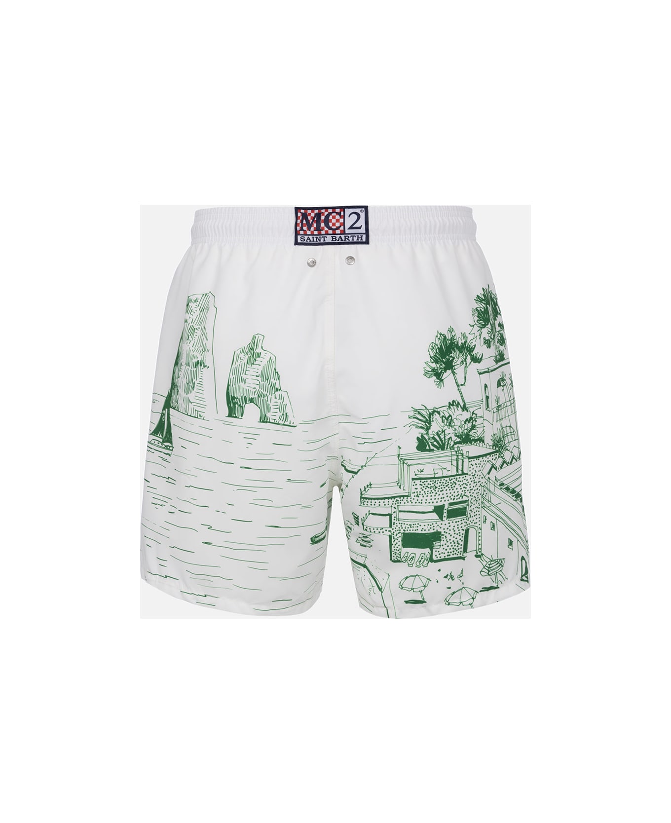 MC2 Saint Barth Man Mid-length Gustavia Swim-shorts With Capri Placed Print - WHITE