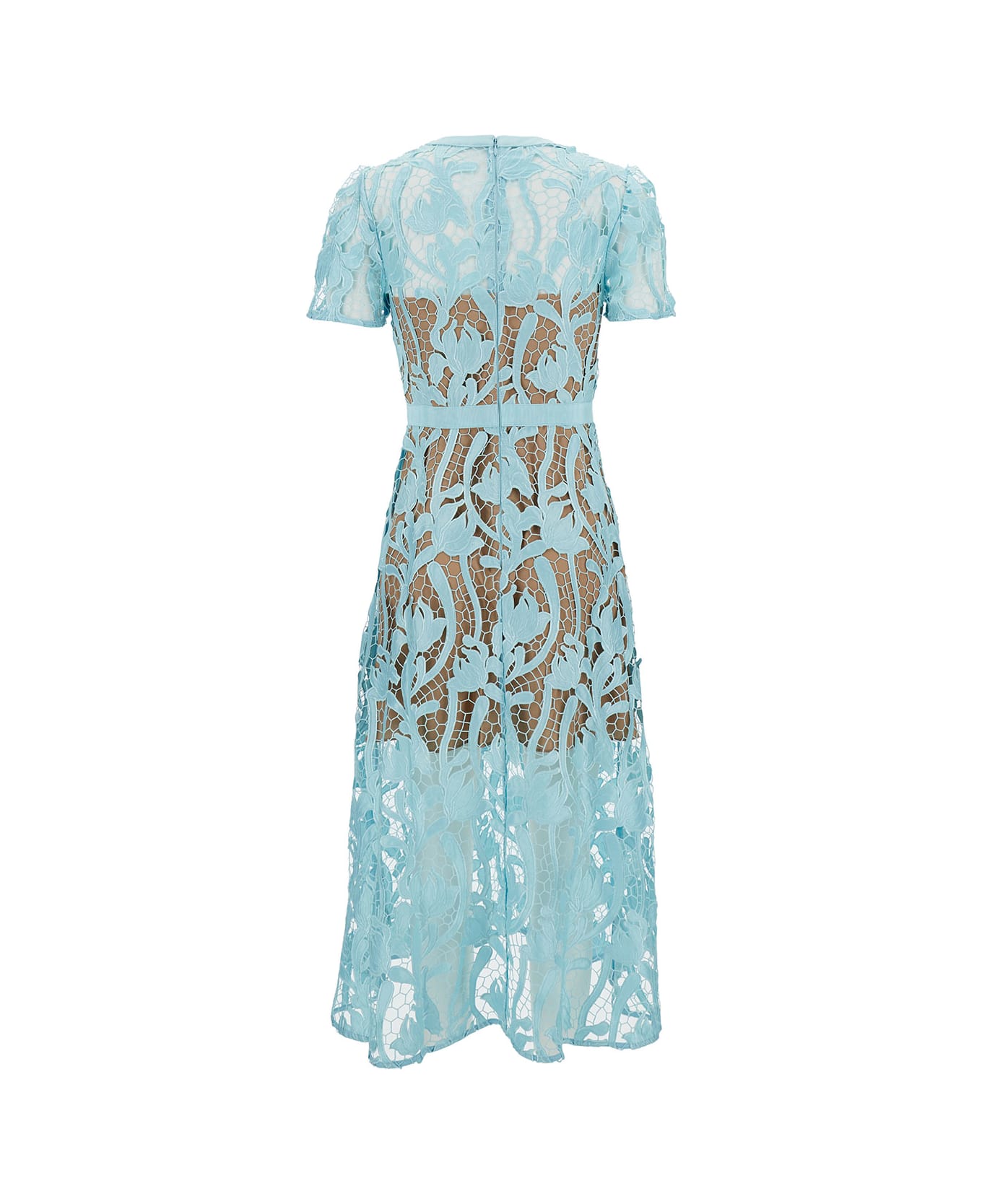 self-portrait Midi Light Blue Dress With Short Sleeves In Floreal Lace Woman - Light blue