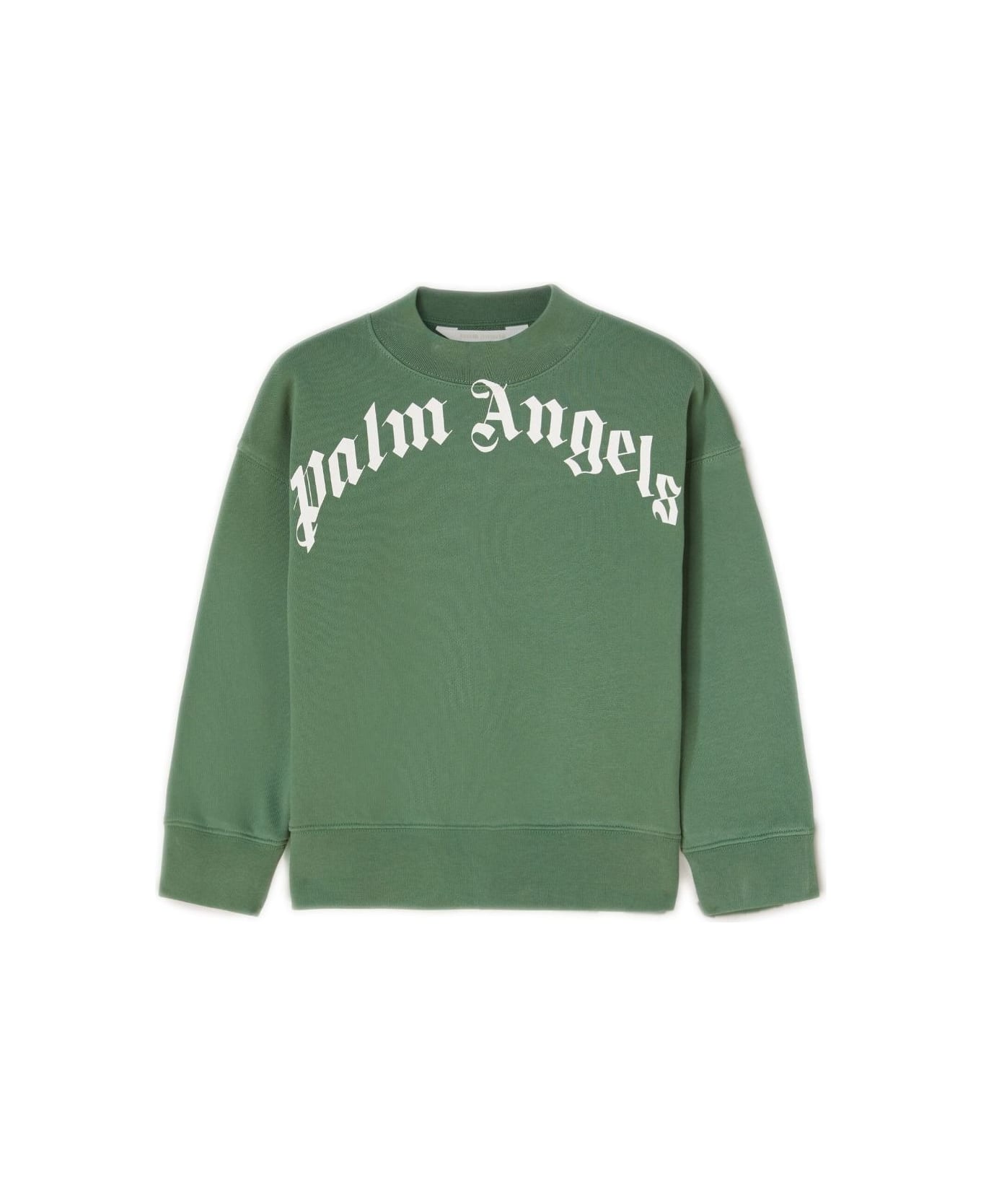 Palm Angels Green Crew Neck Sweatshirt With Curved Logo - Green ニットウェア＆スウェットシャツ