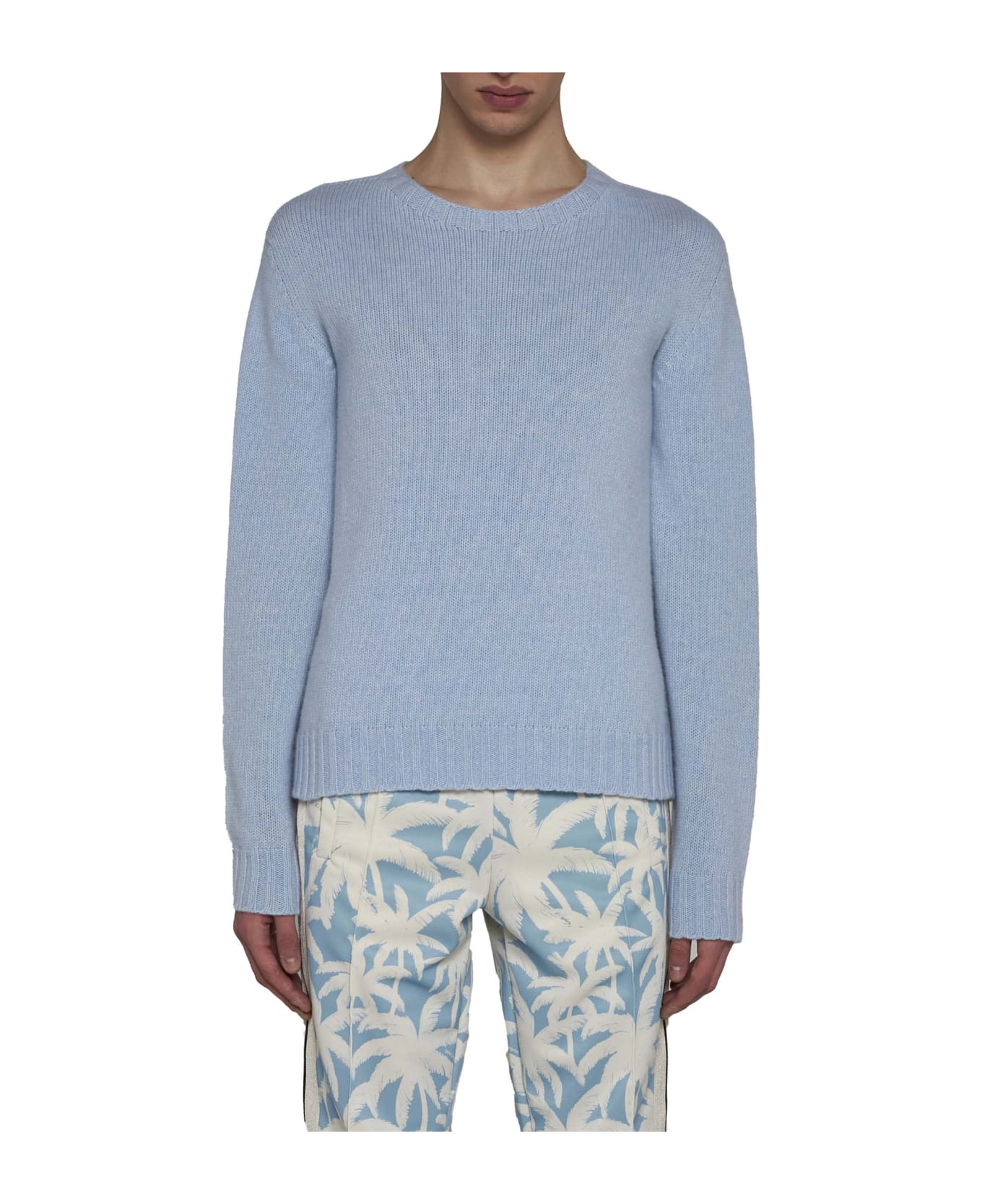Palm Angels Wool Blend Sweater With Logo - Light Blue  White