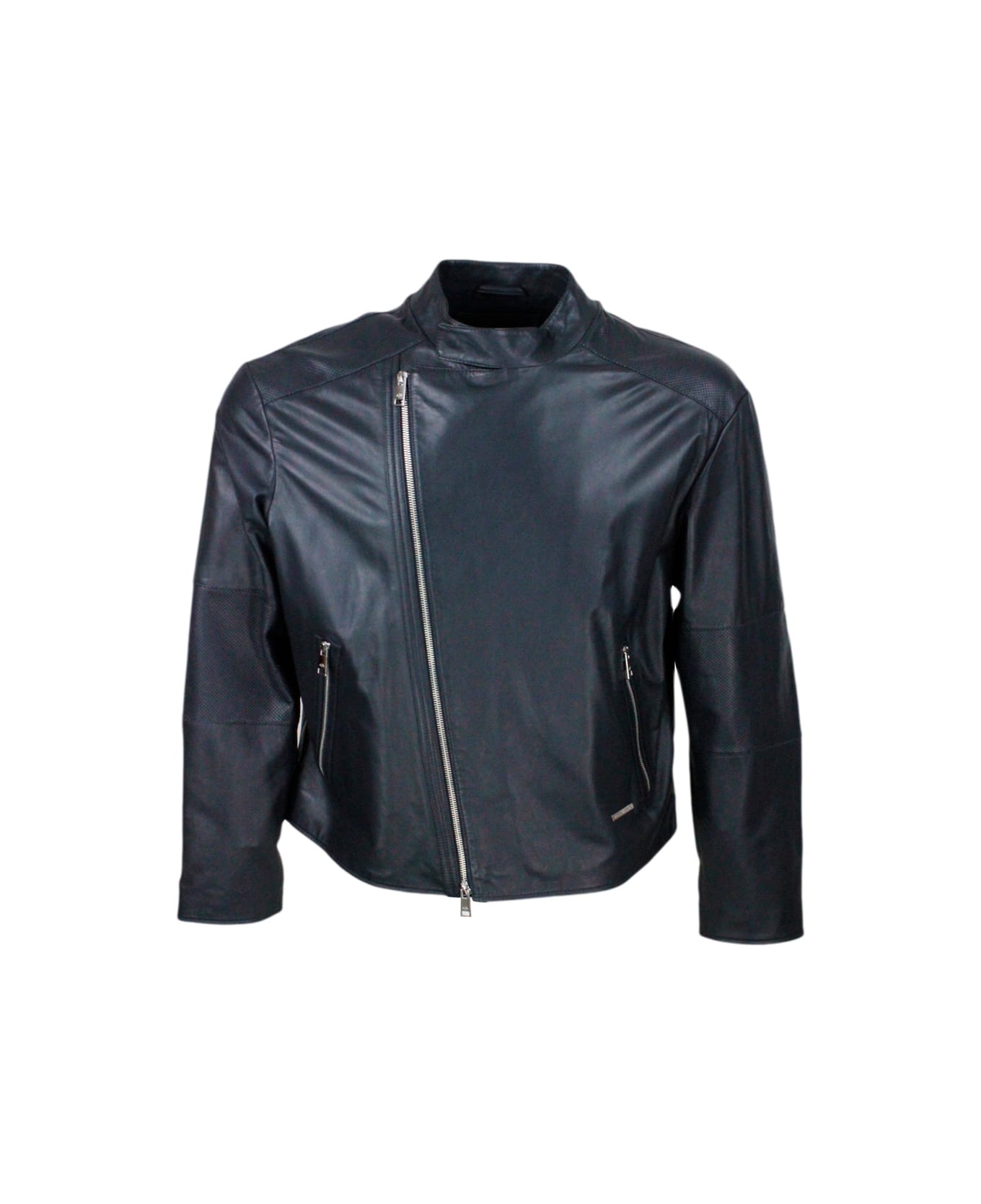 Armani Collezioni Jacket With Zip Closure Made Of Soft Lambskin With Perforated Leather Details. Zip On Pockets And Cuffs - Blu