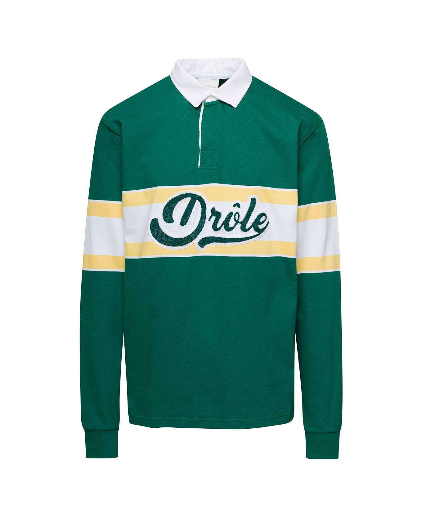 Drôle de Monsieur Green Long Sleeved Polo Shirt With Drole Print In Cotton Man - Green ポロシャツ