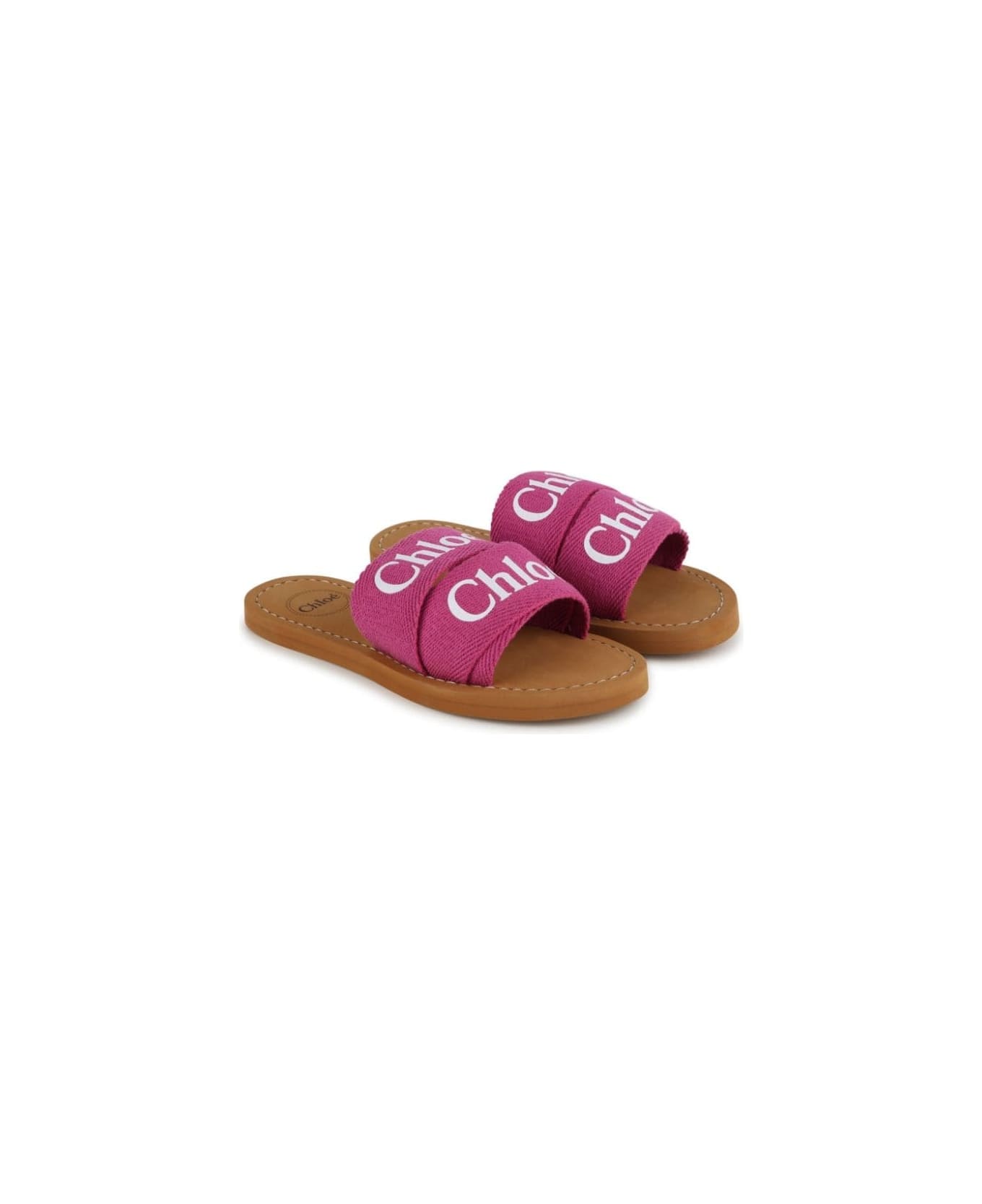 Chloé Woody Sandals In Fuchsia Canvas With Logo - Pink