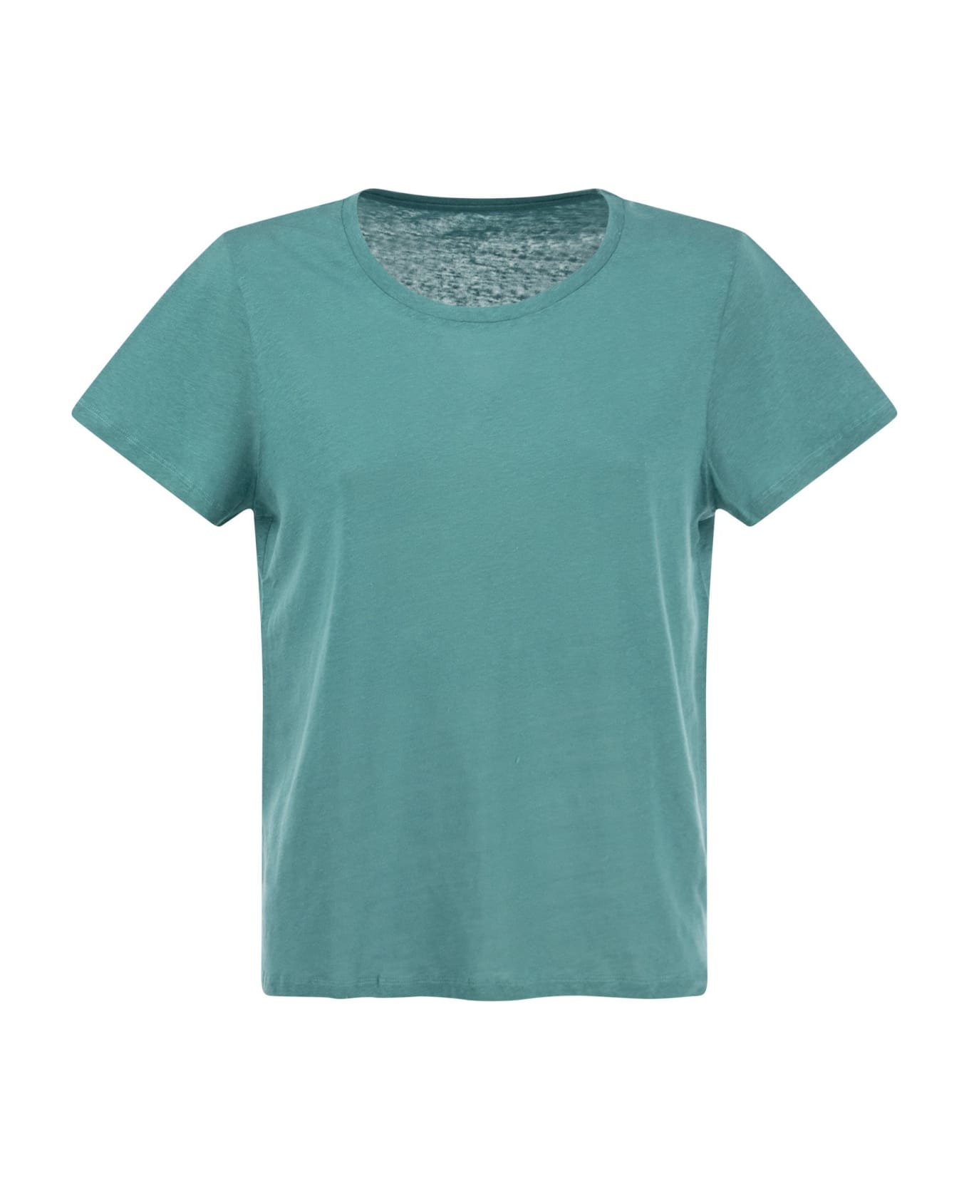 Majestic Filatures Crew-neck T-shirt In Linen And Short Sleeve - Turquoise Tシャツ